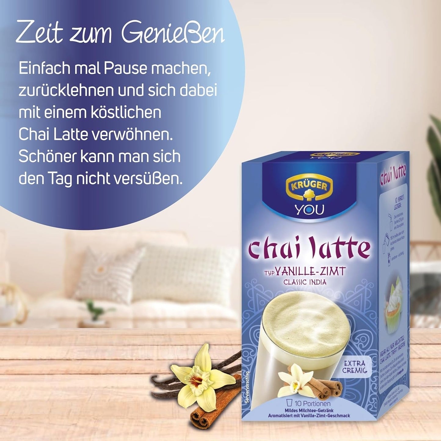 KRÜGER YOU Chai Latte Vanille-Zimt, Instantzubereitung für Milchgetränke, aromatisiert mit Vanille und Zimt, 250 g (10 Beutel à 25 g)