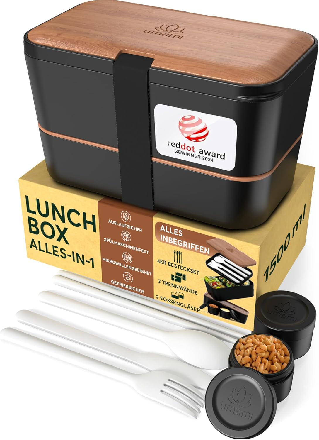Umami Lunchbox für Erwachsene, auslaufsichere stapelbare Bento-Box mit 4 Besteck und Fächern, Lunchbox für Erwachsene, To-Go-Salatbehälter, Picknick-/Büro-Lunchbox, Anthrazit, 1500 ml