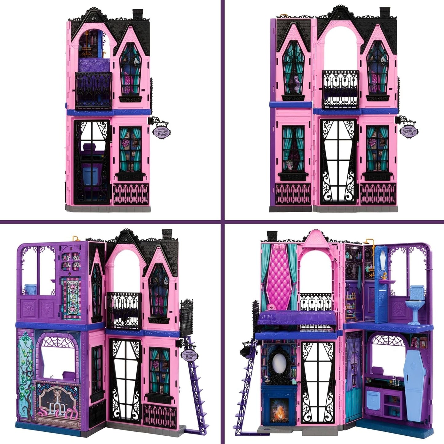 Monster High Buh-tique Hotel-Puppenhaus, faltbares Spielset mit gruseligen Überraschungen in jedem Zimmer und über 13 Spielsets, einschließlich Möbeln und Zubehör, JBF16