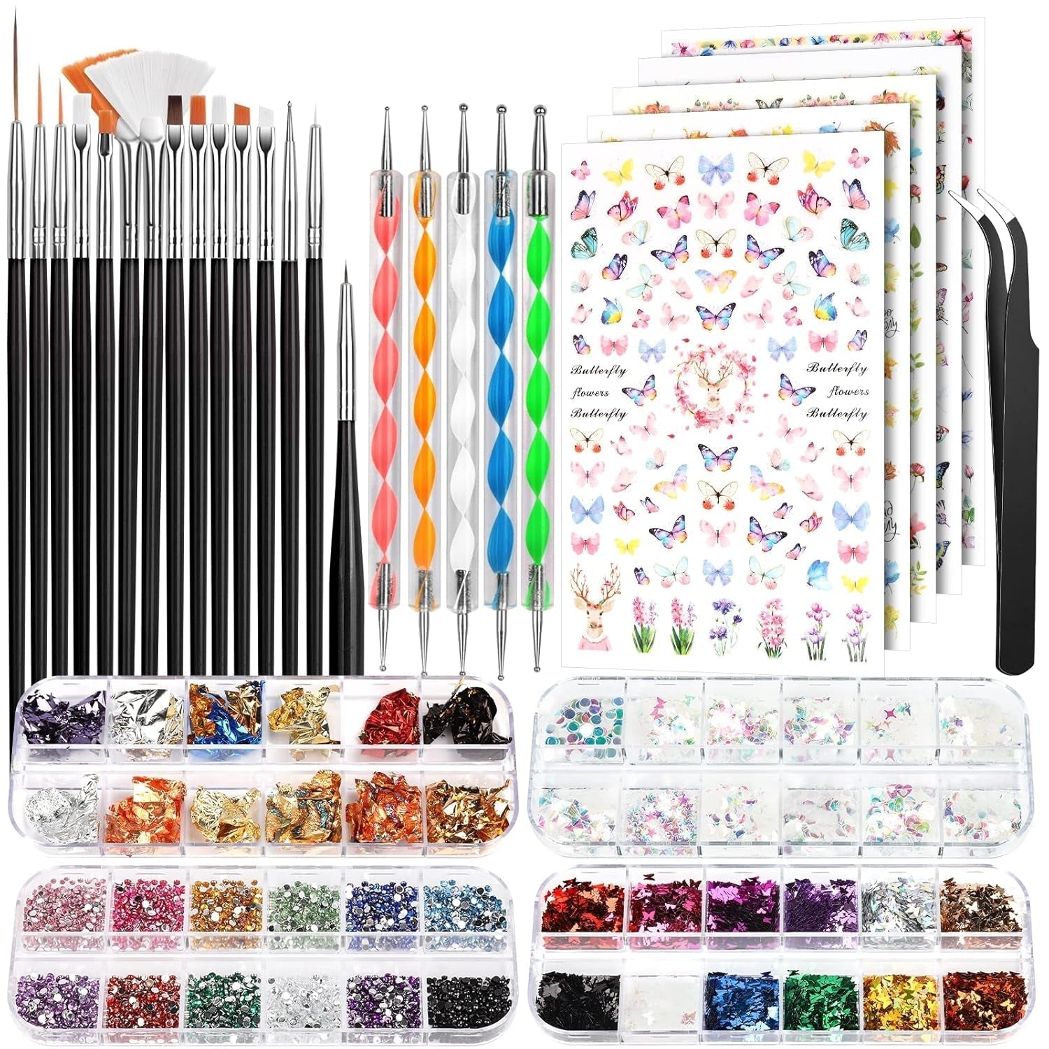 FANDAMEI Pinsel Für Gelnägel, 15 Stück Nagel Pinsel, 5 Blätter Nagelsticker, Strasssteine ​​​​Nägel, Nageldesign Set, Nageldesign Zubehör, Nail Art Pinsel Set, Nailart Pinsel Und Dekorationen Set