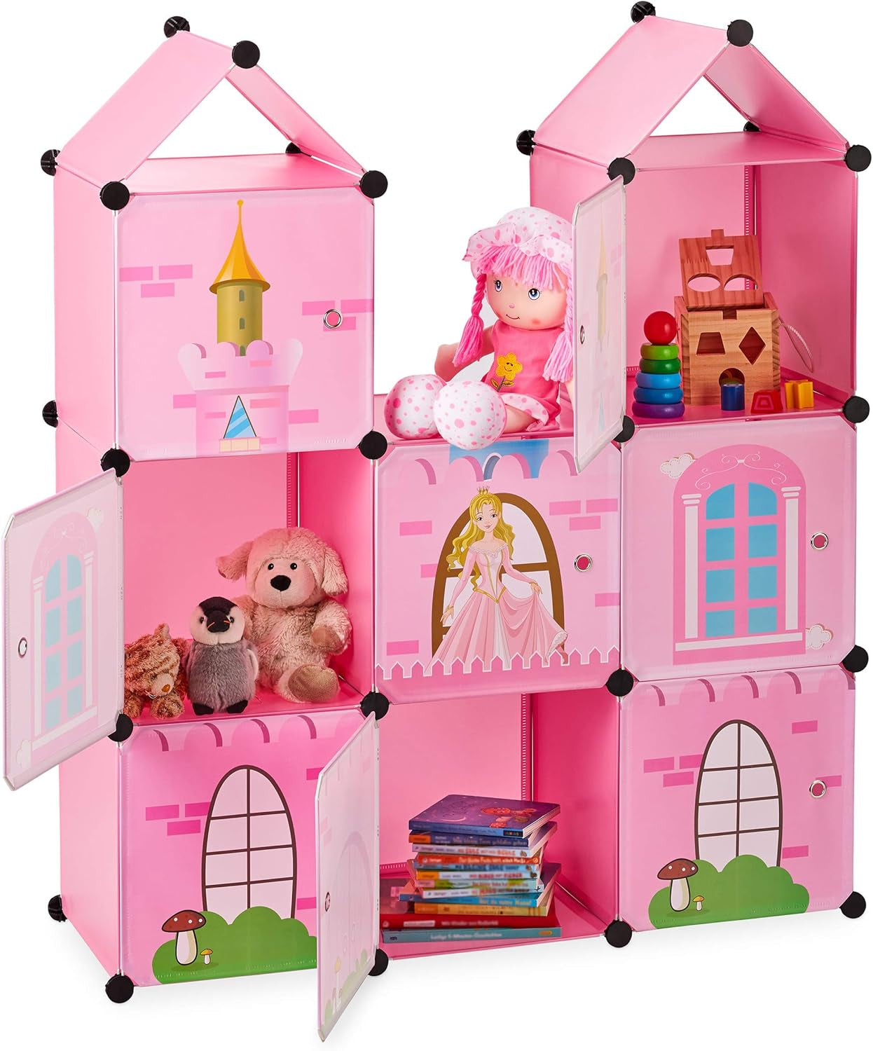 Relaxdays Modulregal für Kinderzimmer, Prinzessinnenschloss-Design, Kunststoff, DIY-Schrank mit Türen, HL: 128 x 110 x 37 cm, rosa