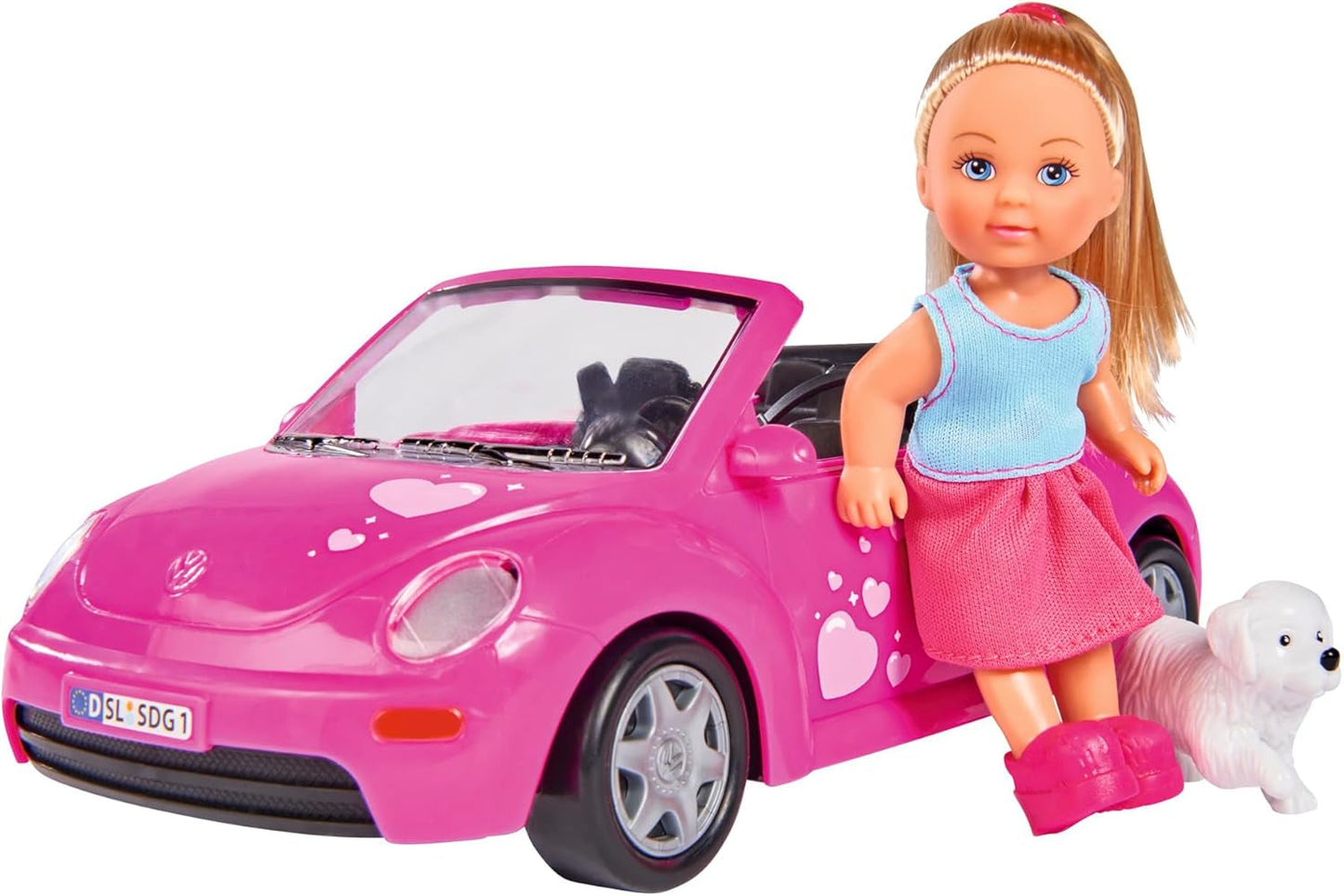 Simba 105731539 - Evi Love Beetle Evi's, Evi mit Auto, Auto: 22 cm, mit Hund, Modepuppe, 12 cm, für Kinder ab 3 Jahren