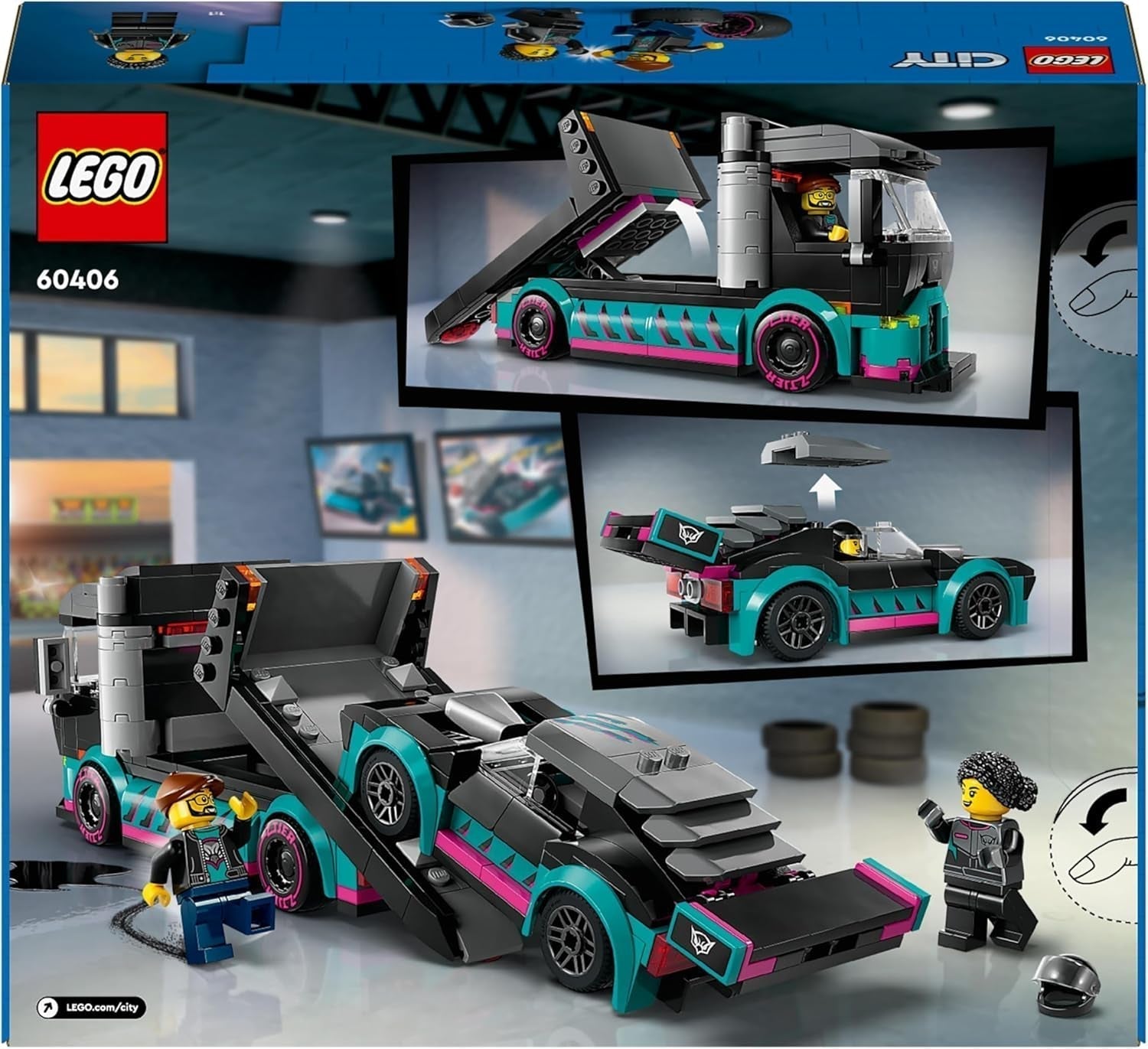 LEGO City Autotransporter mit Rennwagen, Spielzeug-LKW mit verstellbarer Laderampe und Rennwagen, Bauset mit 2 Minifiguren, Rennfahrer und LKW-Fahrer, für Kinder ab 6 Jahren 60406 Bausets Besuchen Sie den LEGO-Store