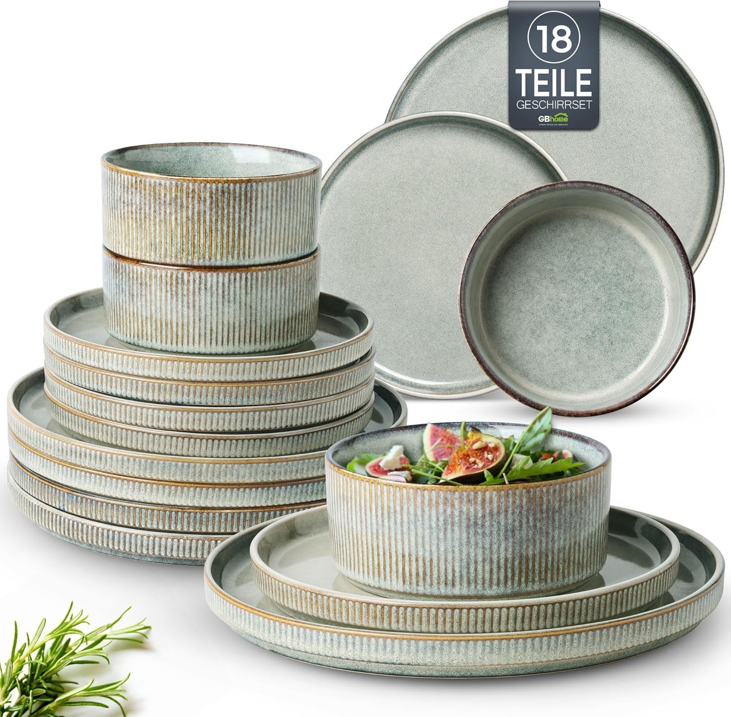 GBhome Keramik-Geschirr-Set für 6 Personen, 18-teilig, reaktive Glasur, handgefertigtes Porzellan-Geschirr-Set, mikrowellen- und spülmaschinenfest, Schüssel- und Teller-Set
