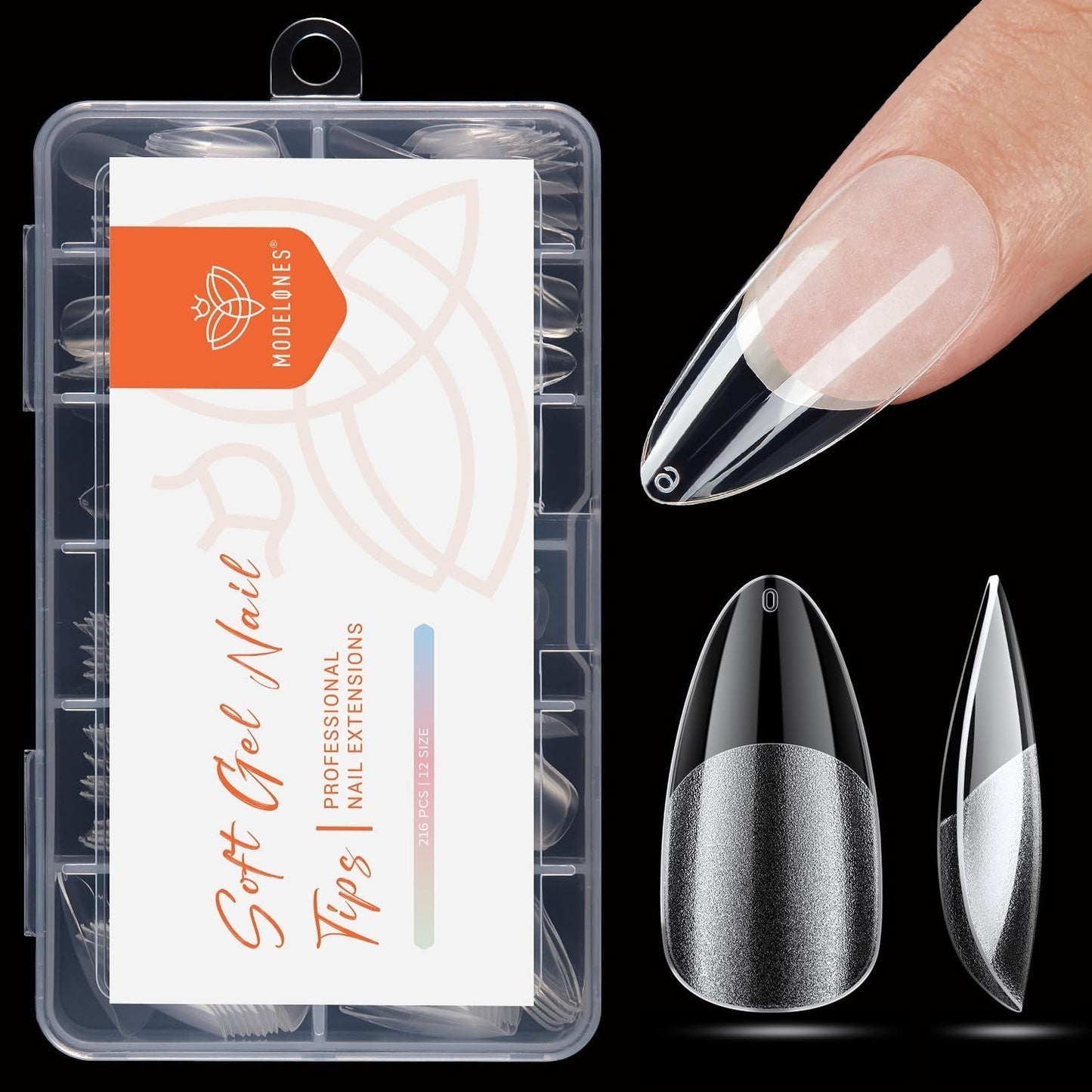 Modelones Nagelspitzen 216-teilig – Nagelspitzen-Set mit vollständiger Abdeckung, weiches Gel-Spitzen-Set, vorpolierende PMMA-Harz-Nagelspitzen, DIY-Kleber auf künstlichen Nägeln für Nagelkunst, kurze Mandeln XS