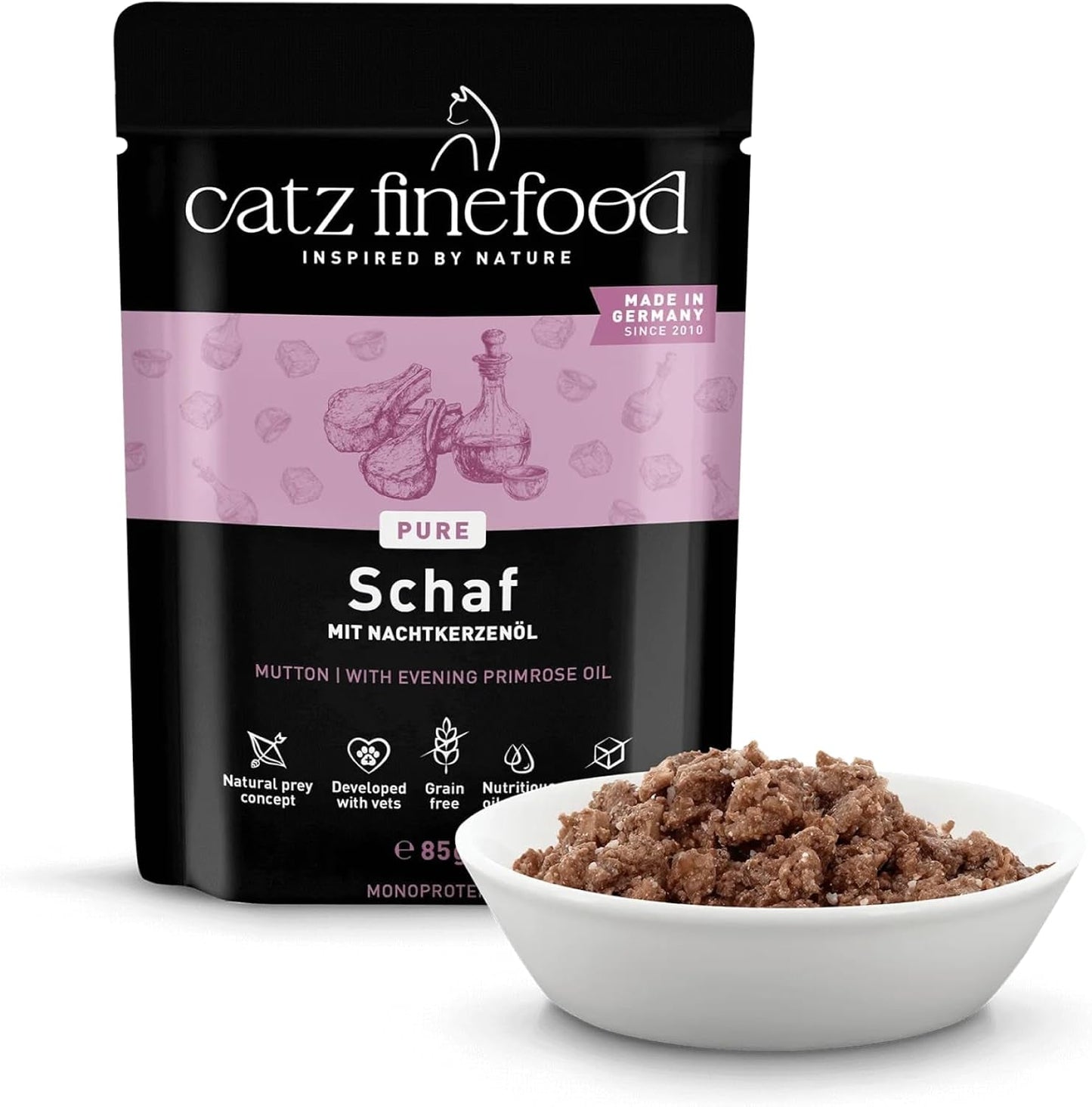 Nassfutter für Katzen Catz Finefood Purrrr Sheep Monoprotein Nr. 113, für Katzen mit empfindlicher Verdauung, 70 % Fleischanteil, 16 Beutel à 85 g