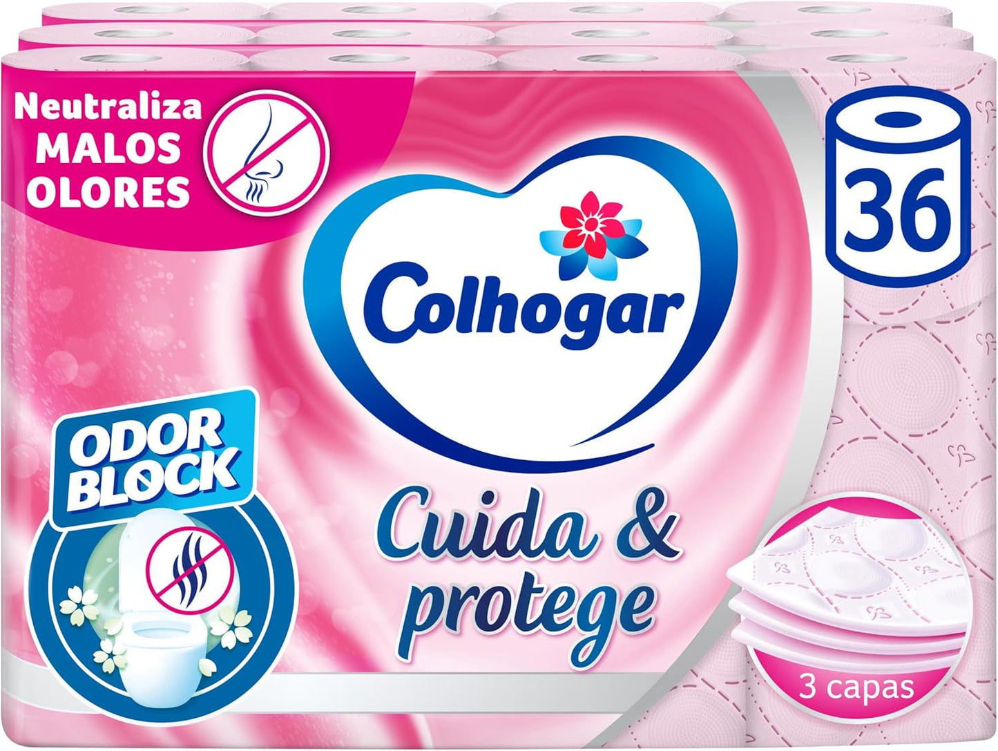 Colcasa Care & Protect 3 x 12 Toilettenpapier mit Geruchsblocker-Technologie, neutralisiert schlechte Gerüche, 36-Rollen-Packung, 3-lagig, frisch duftende rosa Rollen