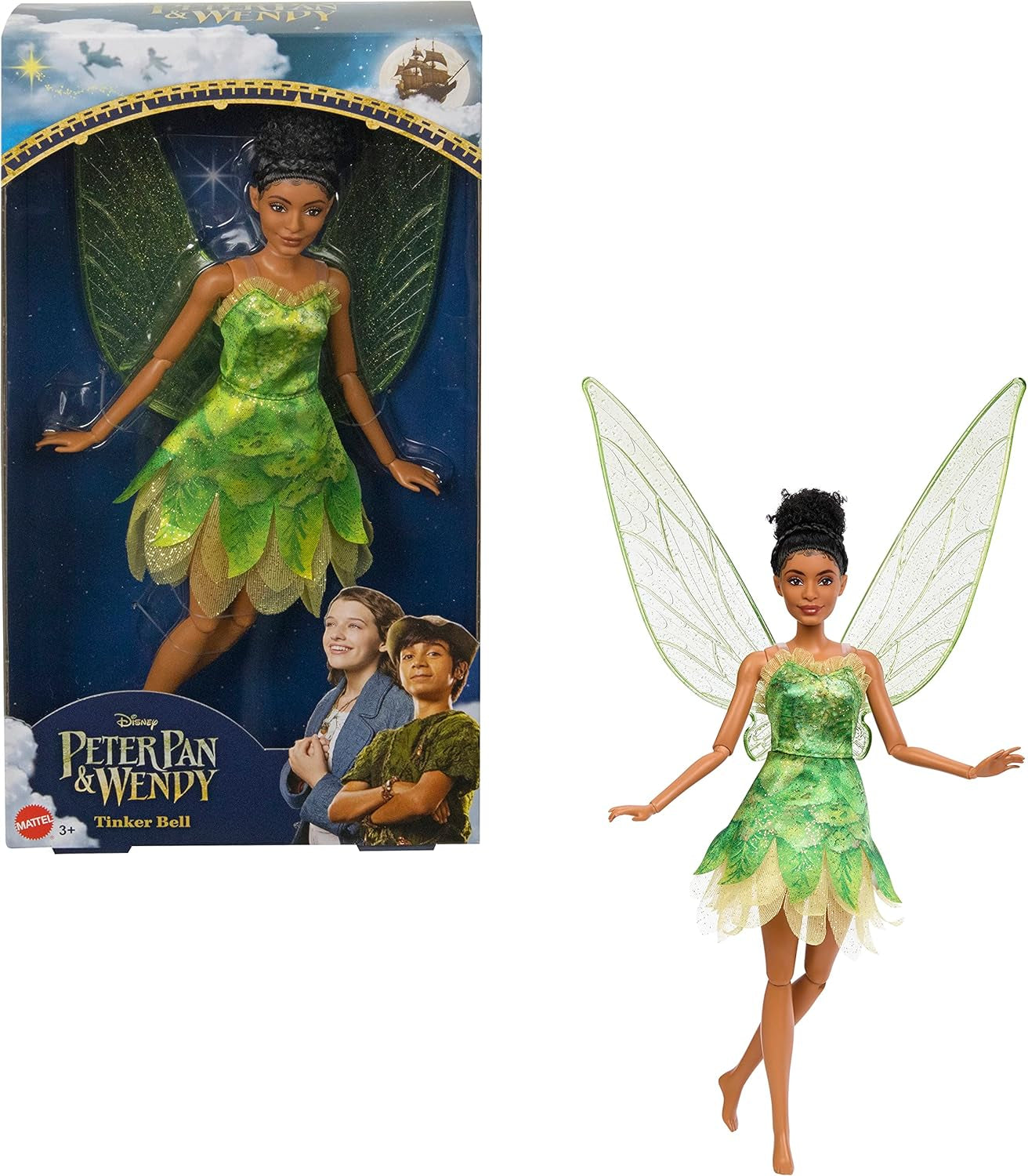 Disney Peter Pan und Wendy Tinker Bell Puppe mit beweglichen Flügeln und grünem Kleid, vom Film inspiriertes Geschenk für Kinder zum Nachspielen von Szenen oder eigenen Abenteuern HNY37