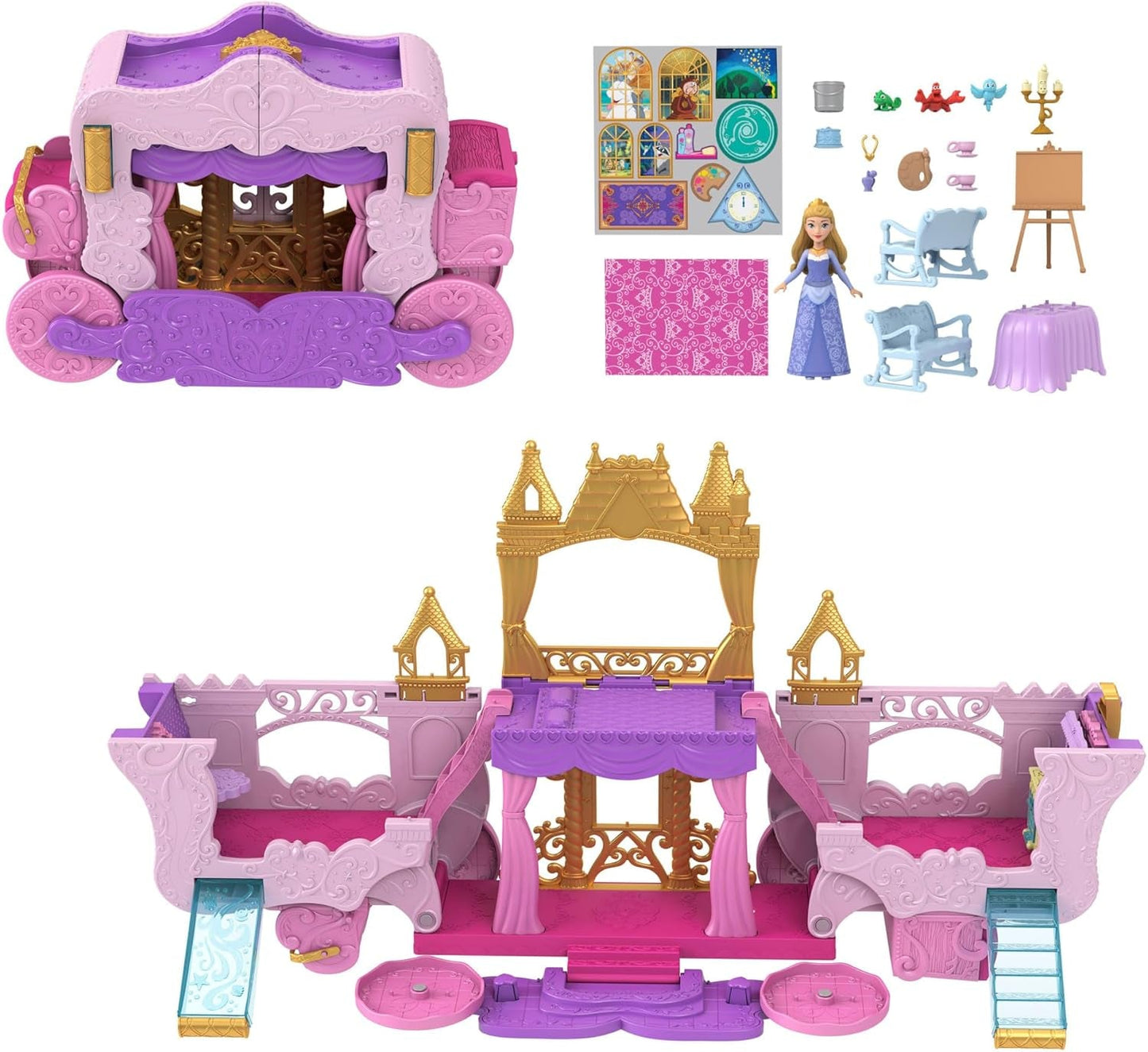Mattel Disney Princess Verwandlungsspielset „Kutsche zum Schloss“ mit Aurora-Minipuppe, 3 Ebenen, 6 Spielbereiche, 4 Figuren, Möbel und Zubehör HWX17
