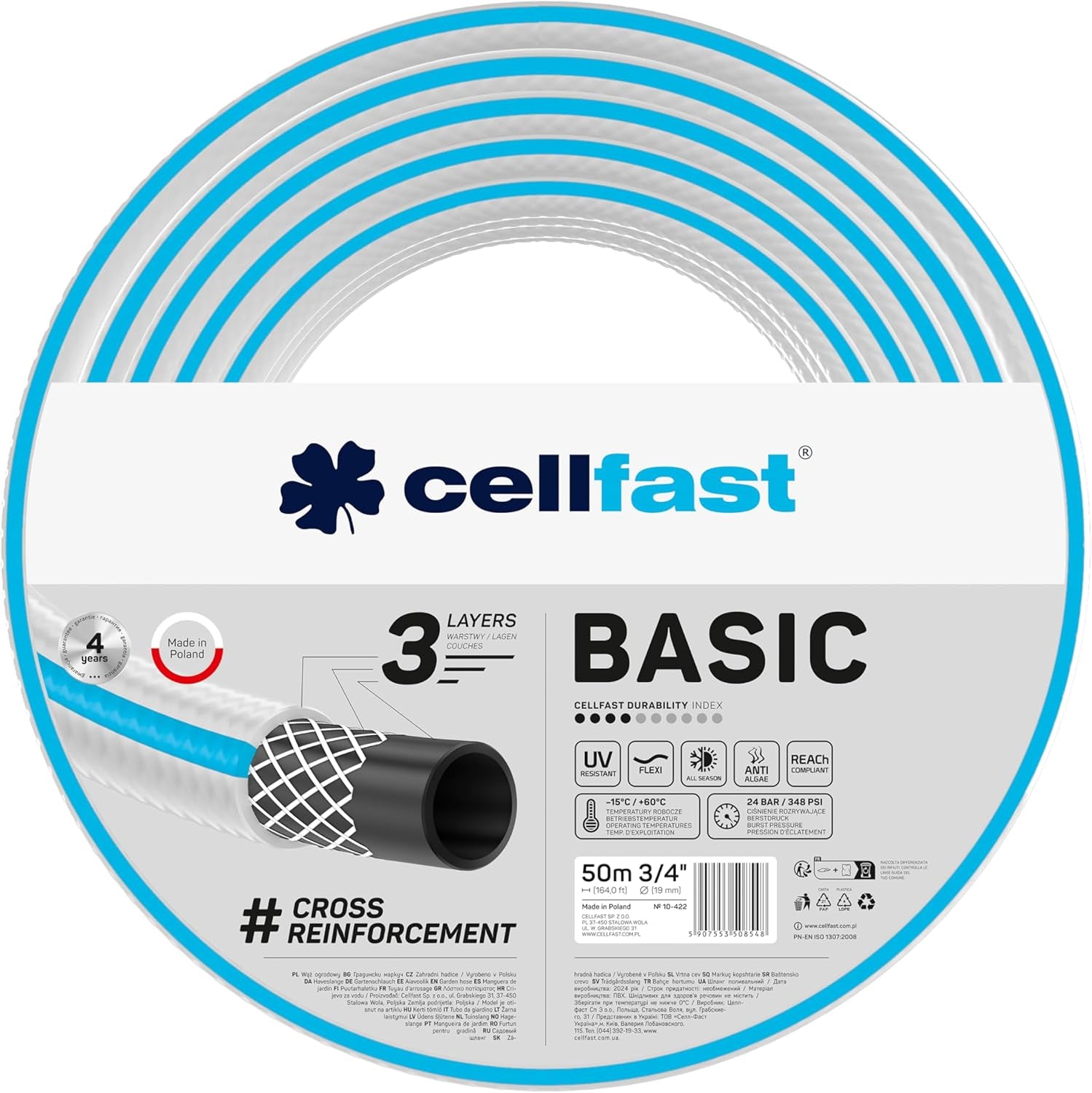 CELLFAST Gartenschlauch, 3-lagiger Gartenwasserschlauch, langlebiger drahtverstärkter, flexibler Bewässerungsschlauch, UV-beständig, Anti-Algen, 3,4 Zoll, 20 Meter Länge