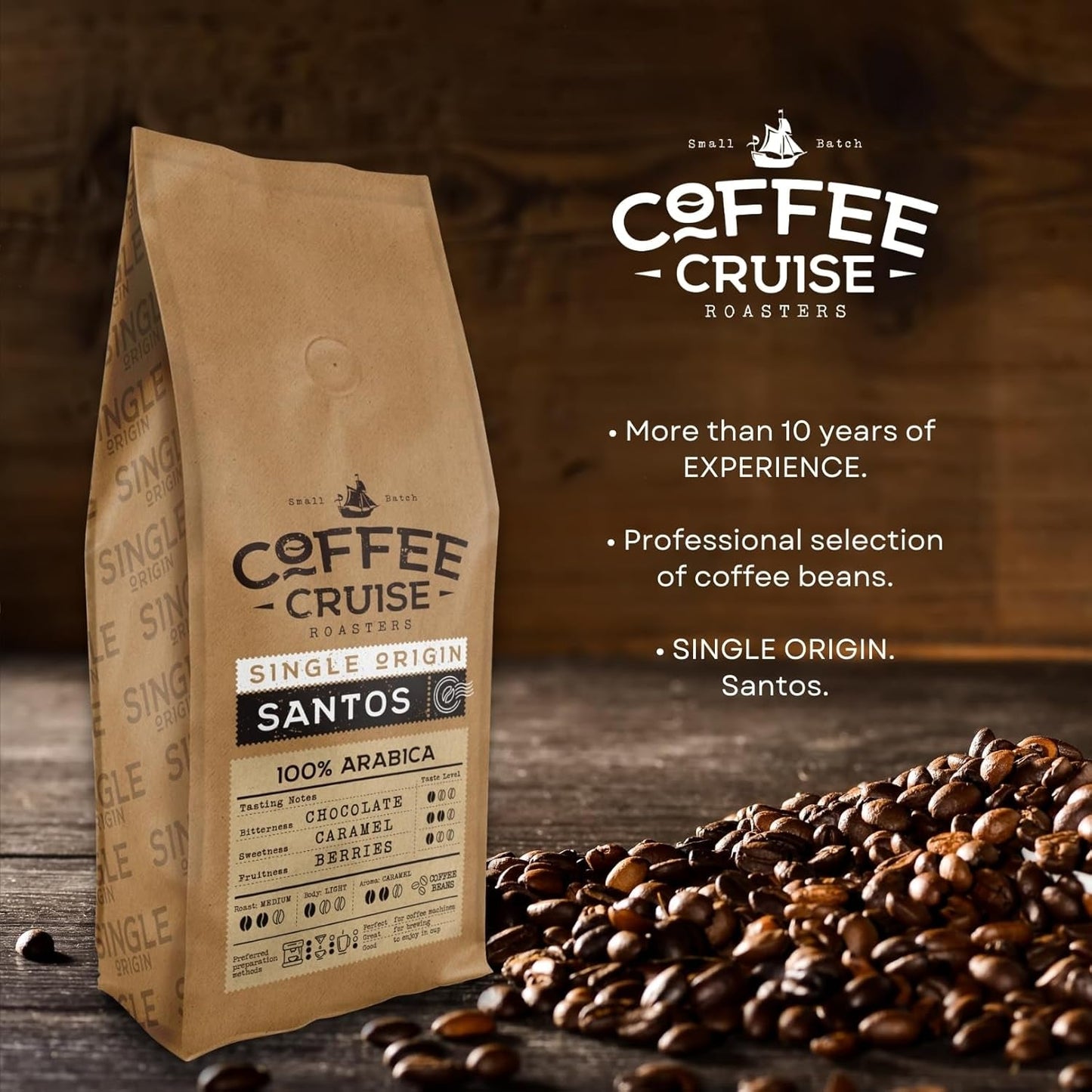 COFFEE CRUISE Santos Kaffeebohnen 1kg – Mittlere Röstung – Aroma Karamell – Für alle Kaffeemaschinen – 100 % arabisch