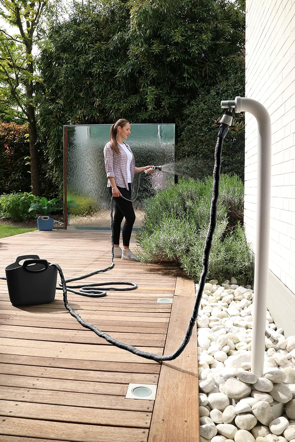 GF SRL, Aquapop Grey Limited Edition mit 25 m langem selbstverlängernden Textilschlauch, hergestellt in Italien, weicher Plastikbeutel, Düsen und Armaturen Lancia 8 für die Gartenbewässerung, dunkelgrau