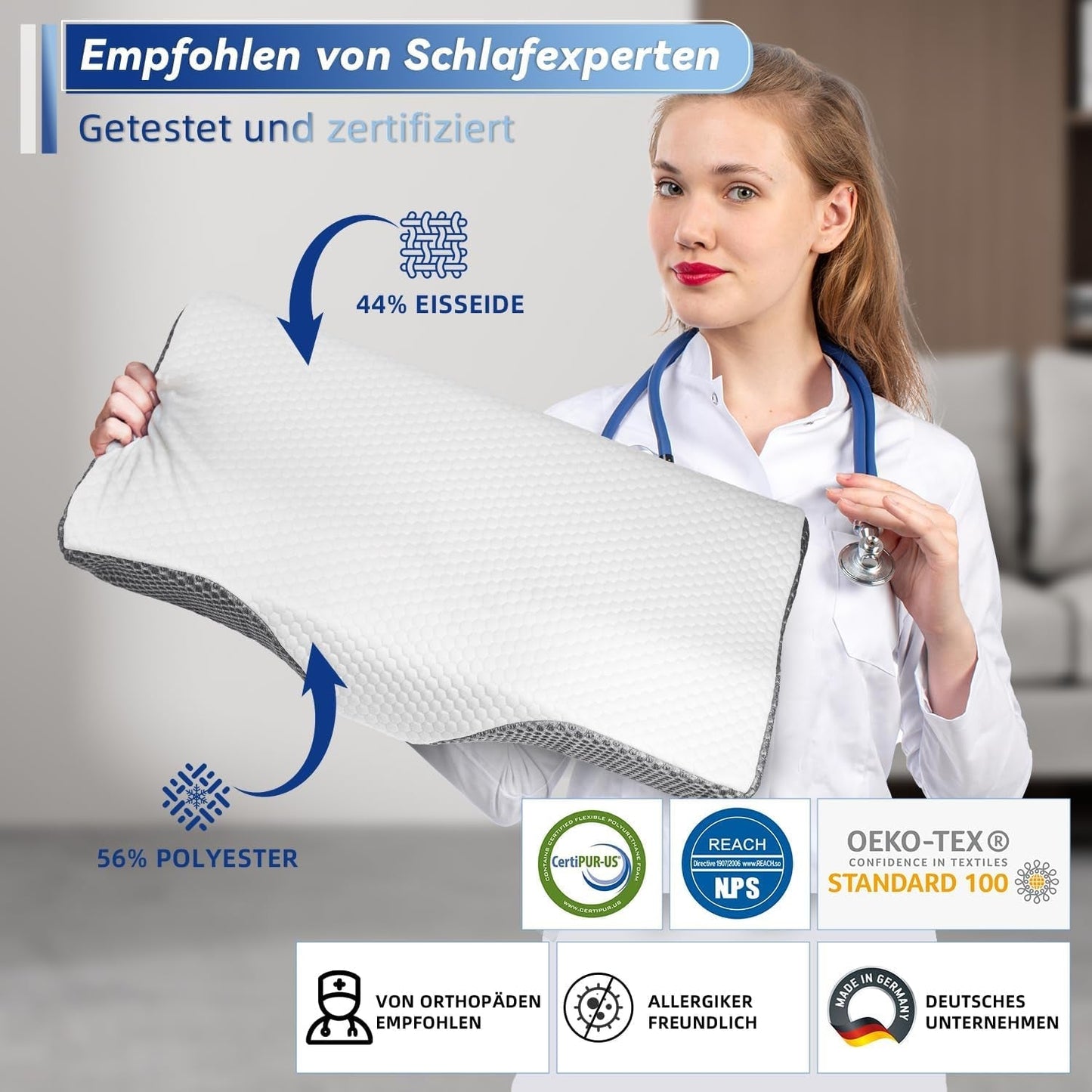 Nackenschmerzkissen, ergonomisches orthopädisches Nackenkissen, seitliches Rücken-Bauchkissen aus Memory-Schaum, Anti-Schnarch-Kissen für Männer und Frauen (62 x 34,5 x 12/8 cm). Orthopädische Nackenkissen von Naty Shop