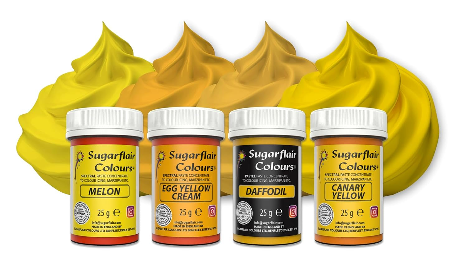 Sugarflair Pasta-Lebensmittelfarbe Gelb, 4er-Set, Pasta-Lebensmittelfarbe, Fondant, Marzipan, Zuckerpaste, Buttercreme und mehr: Narzisse, Kanariengelb, Creme, Eiermelone, 4er-Set