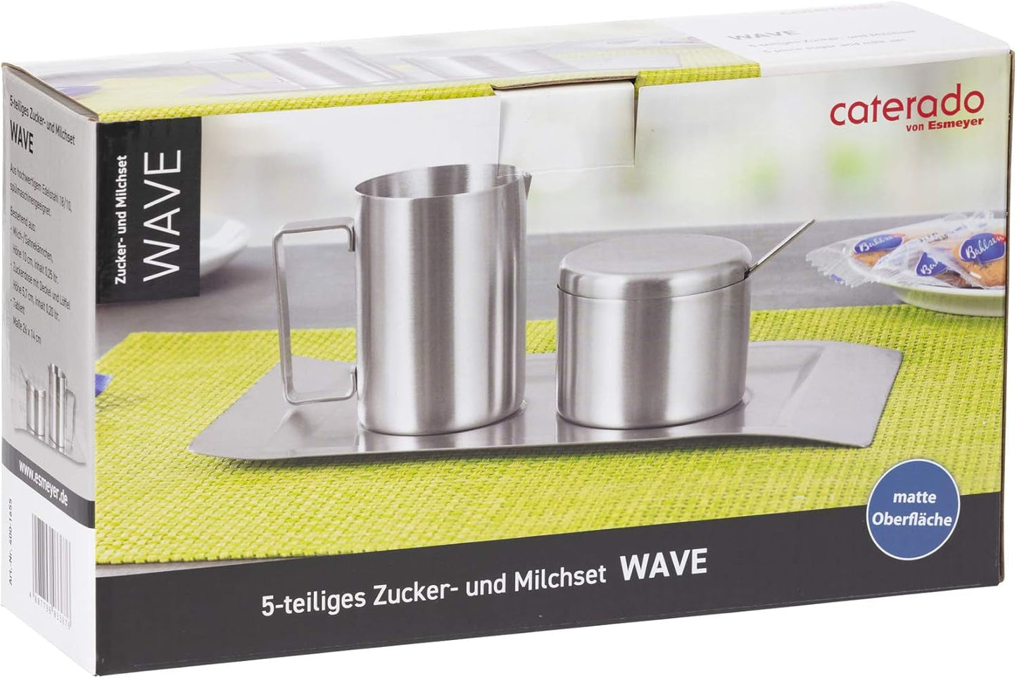 Set mit 4 Milch- und Zuckerbehältern, Modell Wave, 400-1655, aus gebürstetem Edelstahl 18/10. Das Set besteht aus jeweils einem Tablett.