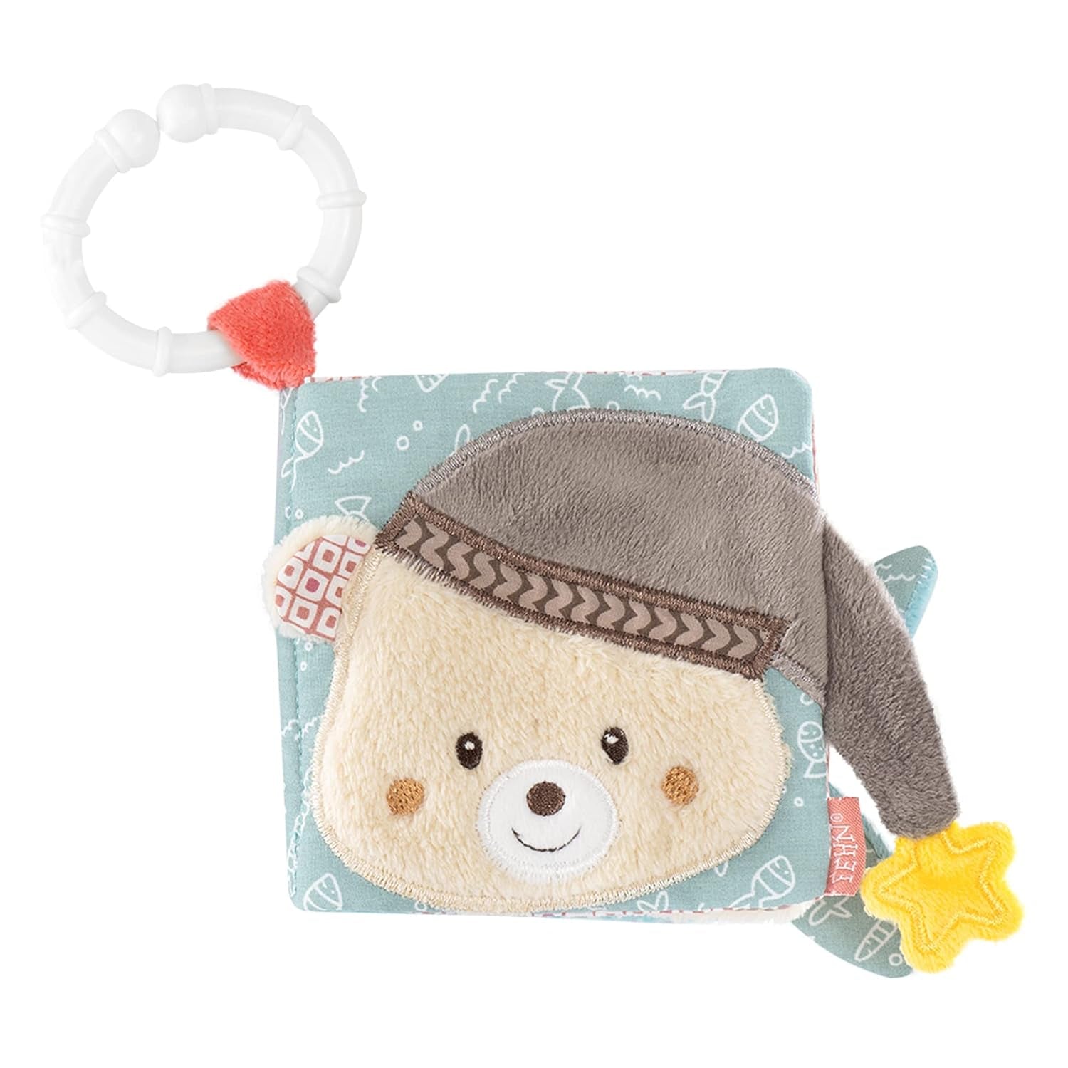 Fehn Softbilderbuch Bruno – Softbuch für Babys aus Stoff mit Tiermotiven – Spielzeugbuch aus Stoff zum Aufhängen für Kinderwagen und Autositze – Buch mit Böllern für Babys und Kinder ab 0+ Monaten Babyspielzeug Naty Shop Bruno