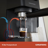 Siebträger-Espressomaschine GRUNDIG KSM 5330 mit integriertem Milchbehälter, Leistung 1628 W, Pumpendruck 15 bar, Doppeldüse, farbiges Touch-Display, BrewSense, CreamyPro, Edelstahl dunkel/Schwarz