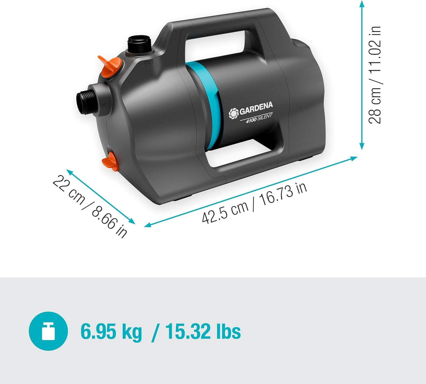 Gardena 4100 Silent Gartenpumpen-Set: Sehr leise und innovative Bewässerungspumpe mit 3,5 m Sauganschluss und 20 m klassischem Schlauch, 4100 l/h Durchfluss, 550 W Motor, wasserdicht, sparsam (9051-20)