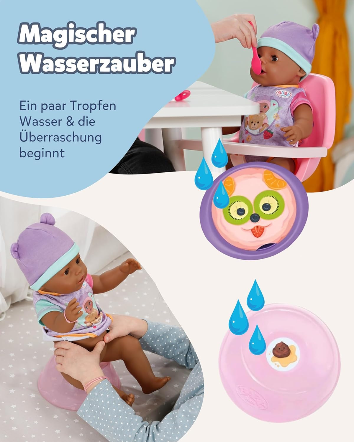 BABY Born Eva – Babypuppe 43 cm – 10 Funktionen inklusive Zubehör und Matratze – Funktioniert komplett ohne Batterien – Geeignet für Kinder ab 3 Jahren