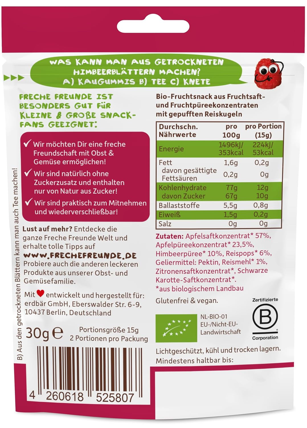 FRECHE FREUNDE Bio-Fruchtgelees, Apfel-, Himbeer- und Reislutscher, fruchtig-süßer Snack für Kinder, glutenfrei, vegan, 20er Pack (20 x 30 g)