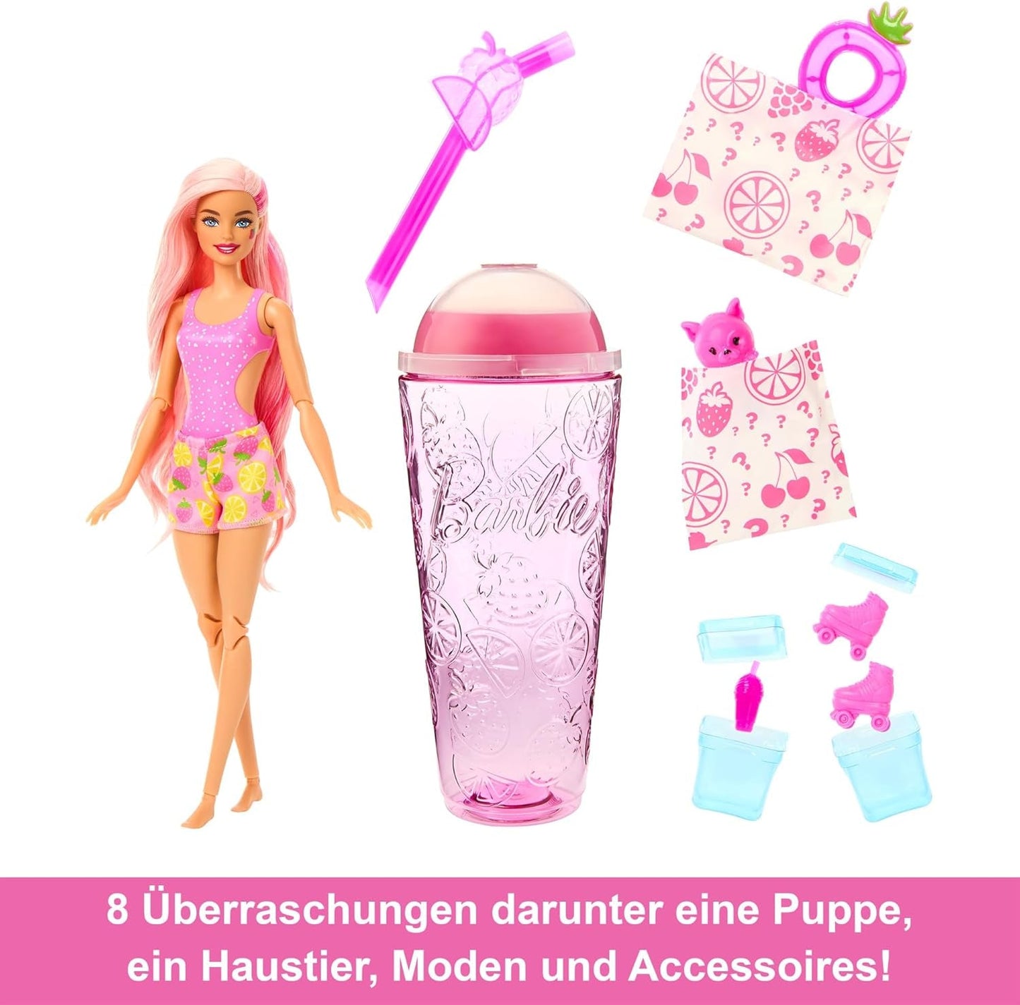 Barbie Pop Reveal Fruit – Überraschungspuppen mit 8 fruchtigen Überraschungen, darunter eine positionierbare, nach Erdbeerlimonade duftende Puppe und ein flauschiger Welpe, ab 3 Jahren, HNW41