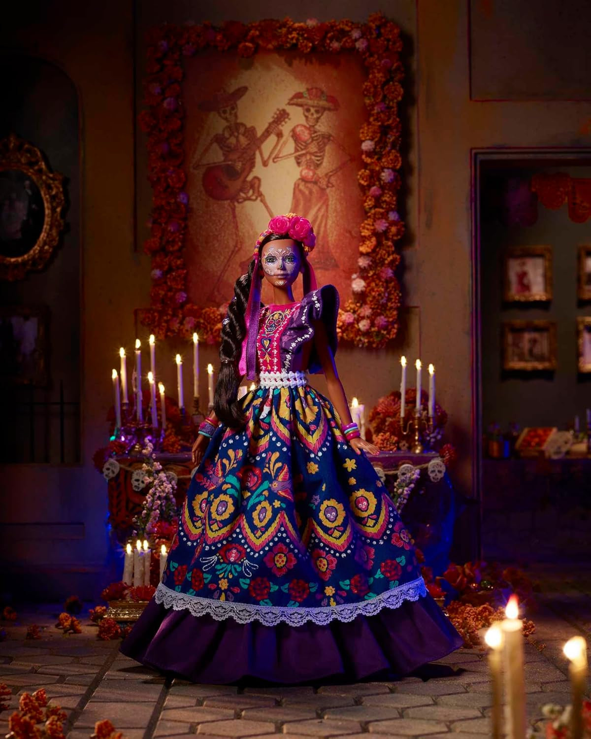 2022 Día De Muertos Barbie-Puppe mit gerüschtem Trachtenkleid, Blumenkranz und Calavera-Gesichtsbemalung, Geschenk für Sammler