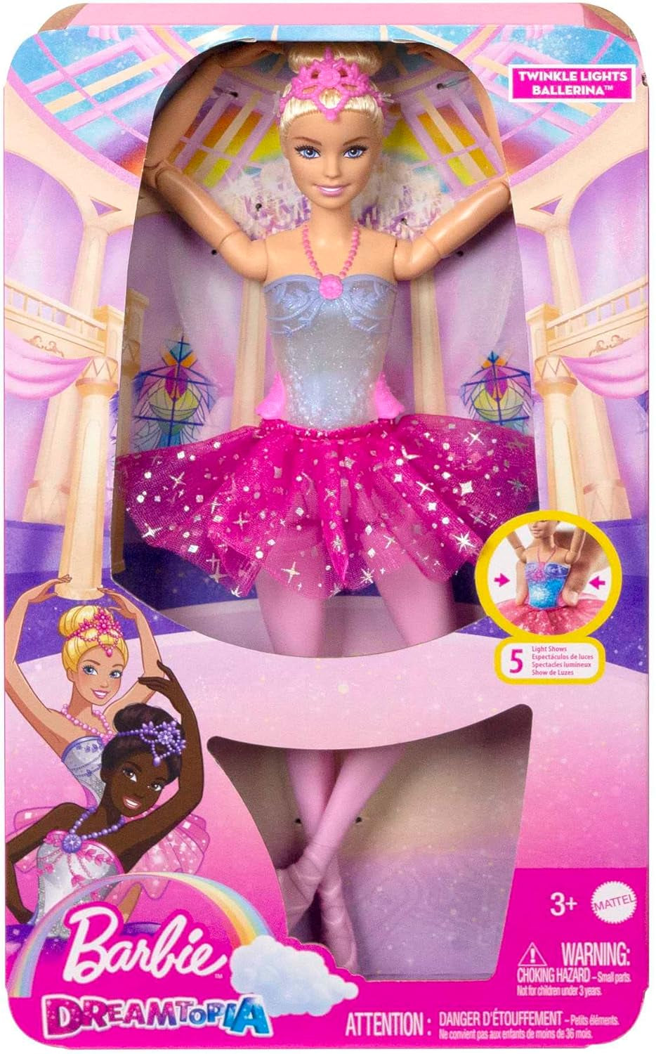 Barbie Dreamtopia Magische Ballerina-Puppe mit Lichtern, rosa Tutu und blonden Haaren, 5 Licht- und Soundeffekte, positionierbare Barbie, ab 3 Jahren, HLC25