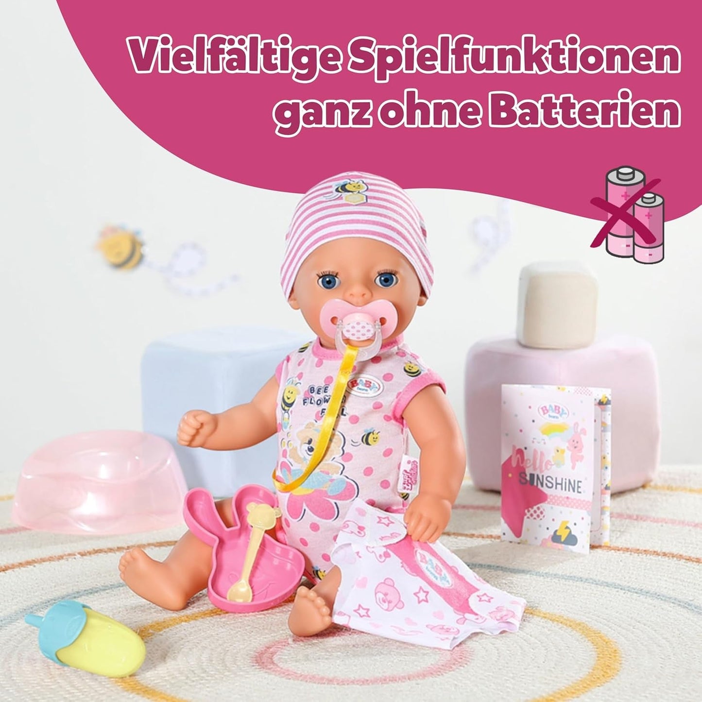 BABY Born Lena (Mädchen) – Babypuppe 36 cm – 7 Funktionen, inklusive Zubehör und Matratze – Funktioniert komplett ohne Batterien – Geeignet für Kleinkinder ab 1 Jahr