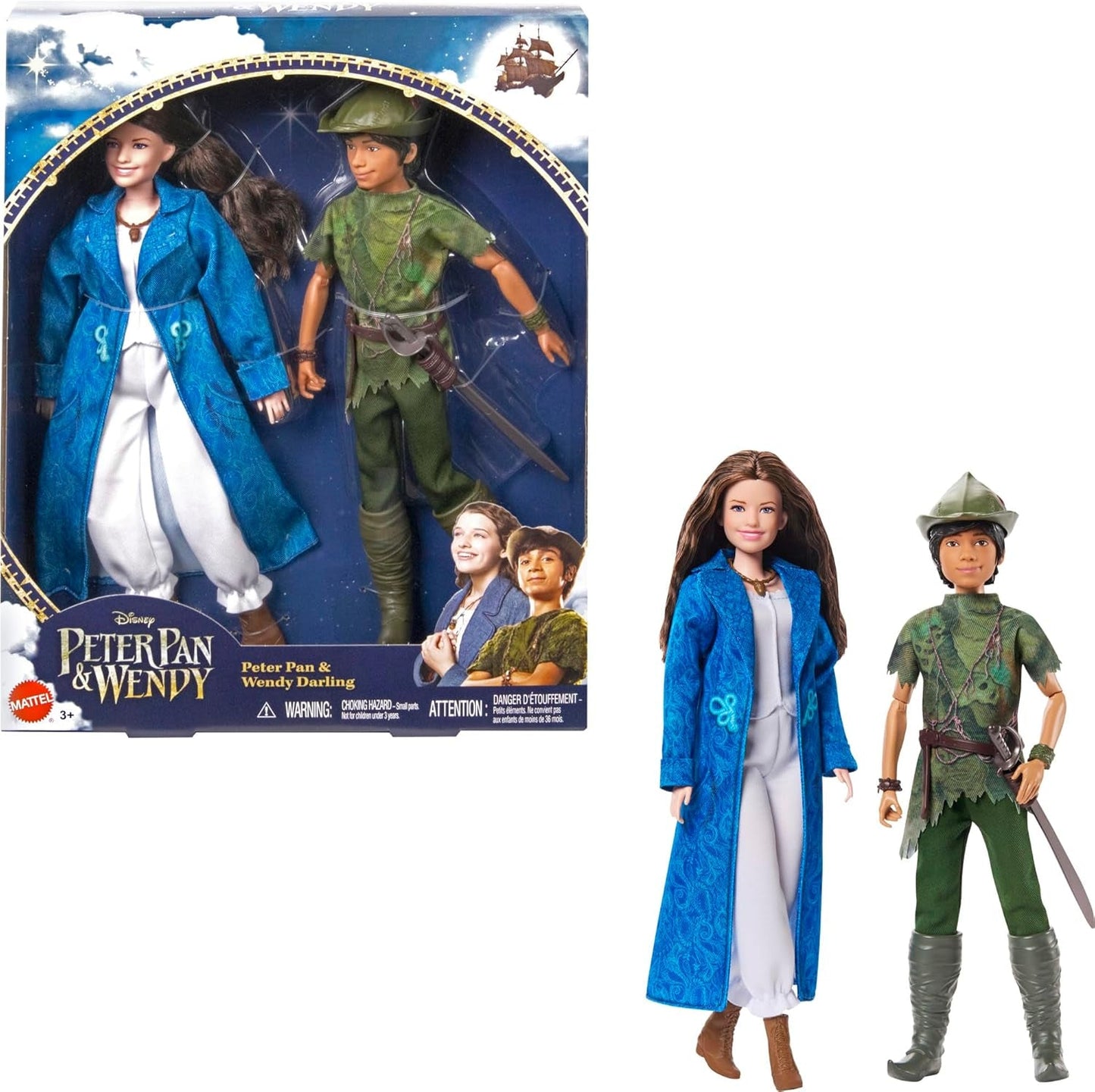 DISNEY Peter Pan und Wendy – bewegliche Figuren mit typischen Kostümen und abnehmbaren Accessoires, Hose aus weichem Material, zum Nachspielen von Lieblingsszenen oder zum kreativen Spielen, für Kinder ab 3 Jahren, HNY36