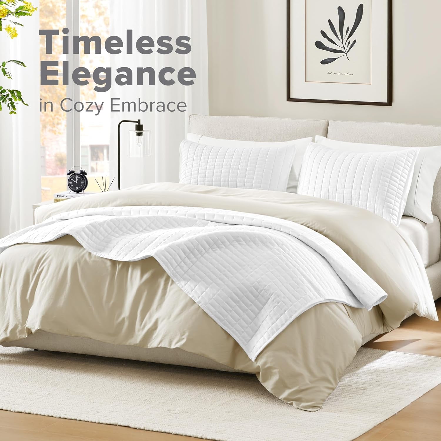 Comfort Spaces Kienna Steppdecken-Set, luxuriöse Doppelnaht-Sommerdecke, leichte, weiche Ganzjahresbettwäsche, passender Kissenbezug, weiße King-Size-Decke (264,2 x 228,6 cm), Naty Shop Bettdecken und Steppdecken