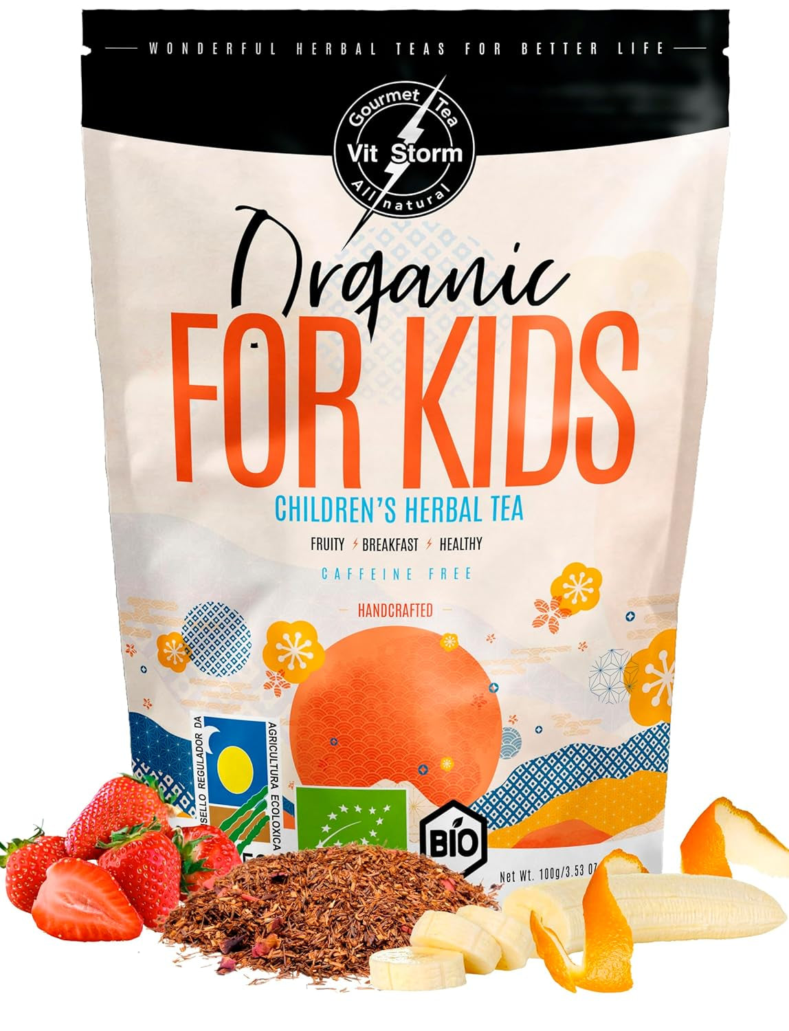 VITSTORM® BIO TEE Mom & Kids – Tee für Frauen und Stillende – Rooibos, Apfel, Fenchel, Zitronenmelisse, Alchemilla, Erdbeere – Entspannender Tee – Fruchtig und lecker – Koffeinfrei – Kräutertee 100 g