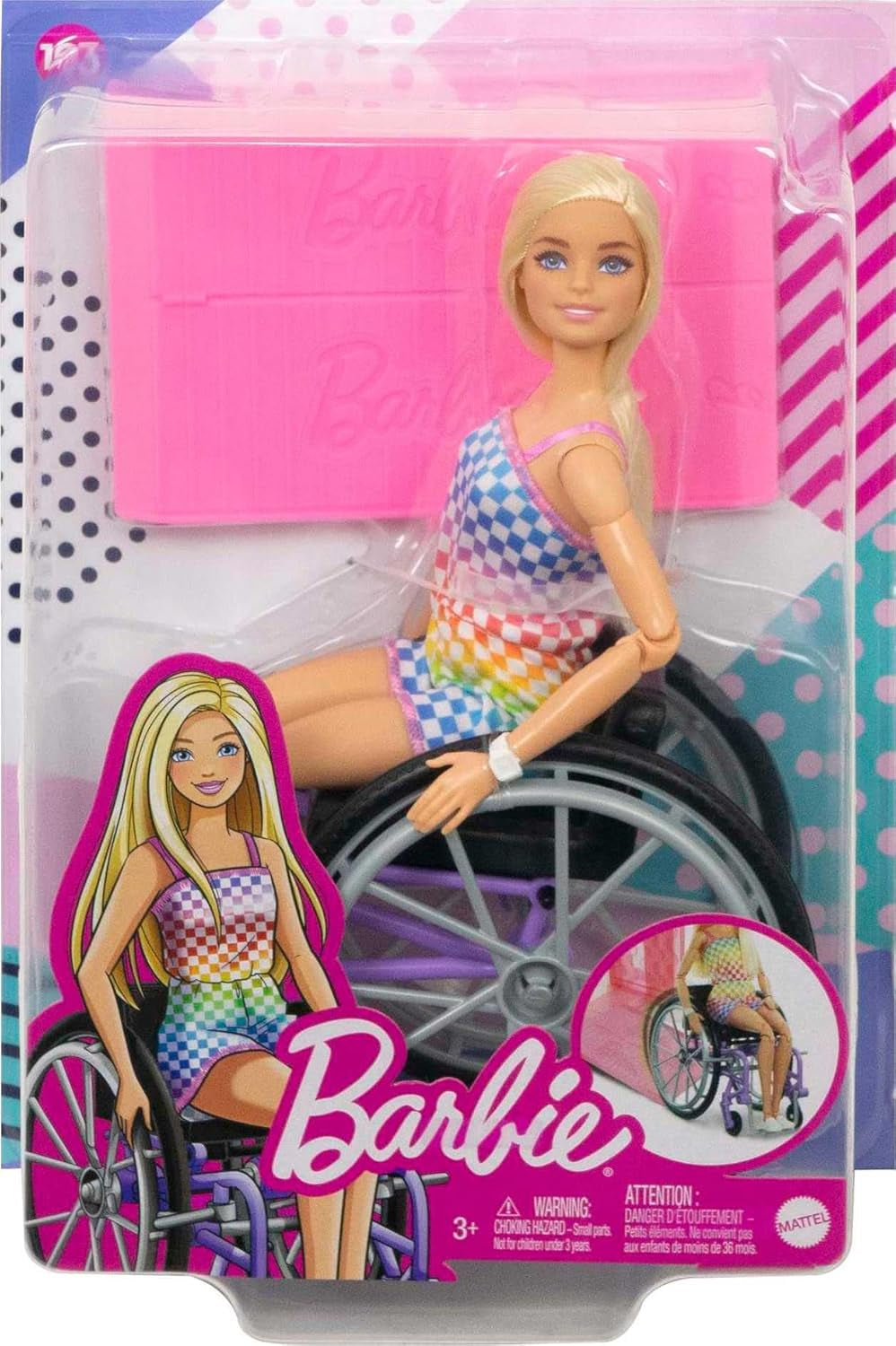 Barbie Fashionista-Puppe, blondes Haar und Regenbogen-Overall, inklusive Rollstuhl und Rampe, Puppengeschenk für Kinder, Spielzeug für Kinder ab 3 Jahren, HJT13