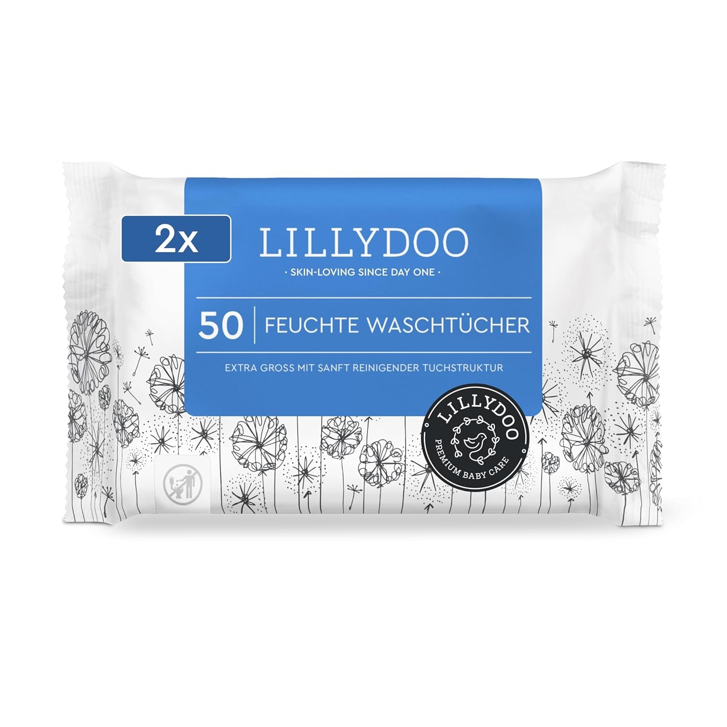 LILLYDOO Feuchttücher, 50 Stück, 100 % plastikfrei, extragroß, geruchsneutral