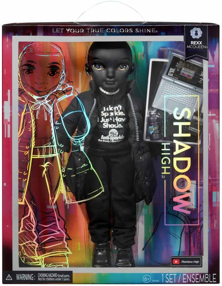 Rainbow High Shadow High – REXX McQueen – Modische schwarze Puppe mit modischem Outfit und über 10 bunten Spielaccessoires – Ideal für Sammler und Kinder im Alter von 4–12 Jahren
