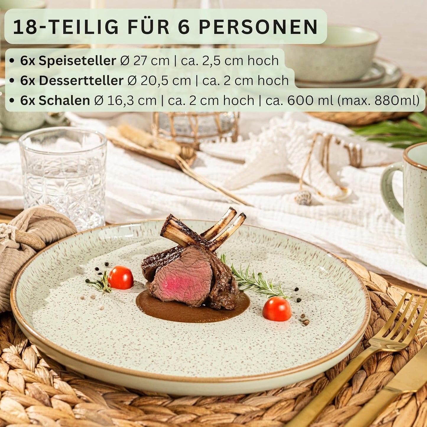 SÄNGER Rio Mint | Steinzeug-Geschirrset für 6 Personen, 6 Teller, 6 Dessertteller, 6 Schüsseln, Mintgrün | DIE VALUE-KOLLEKTION