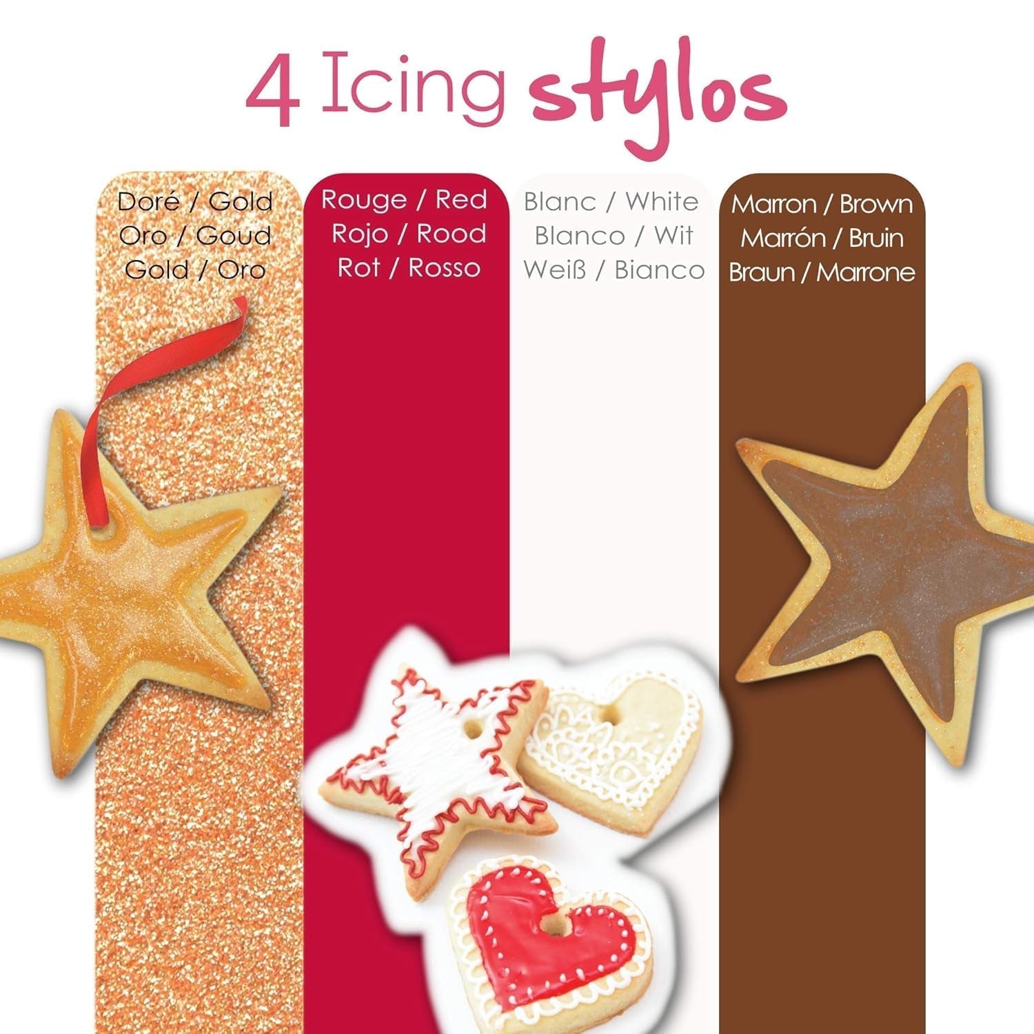 Scrapcooking – 4-teilige Marker: Gold, Schokolade, Weiß und Rot – dekorative essbare Stifte zum Schreiben und Zeichnen auf Desserts, Kuchen und Keksen