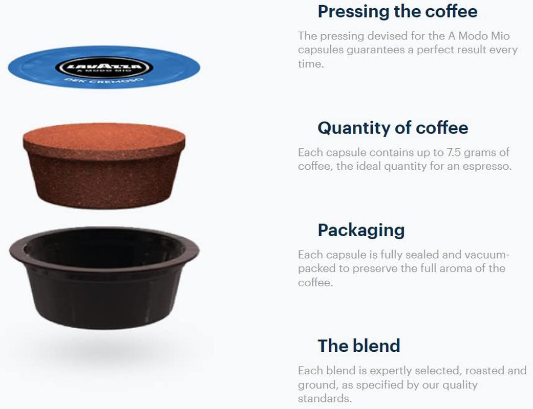 Lavazza A Modo Mio Dek Cremoso, 256 Kaffeekapseln, für entkoffeinierten Espresso mit aromatischen Noten von Mandeln und Candidis, 100 % Arabica, Intensität 7/13, mittlere Röstung, 16 Packungen