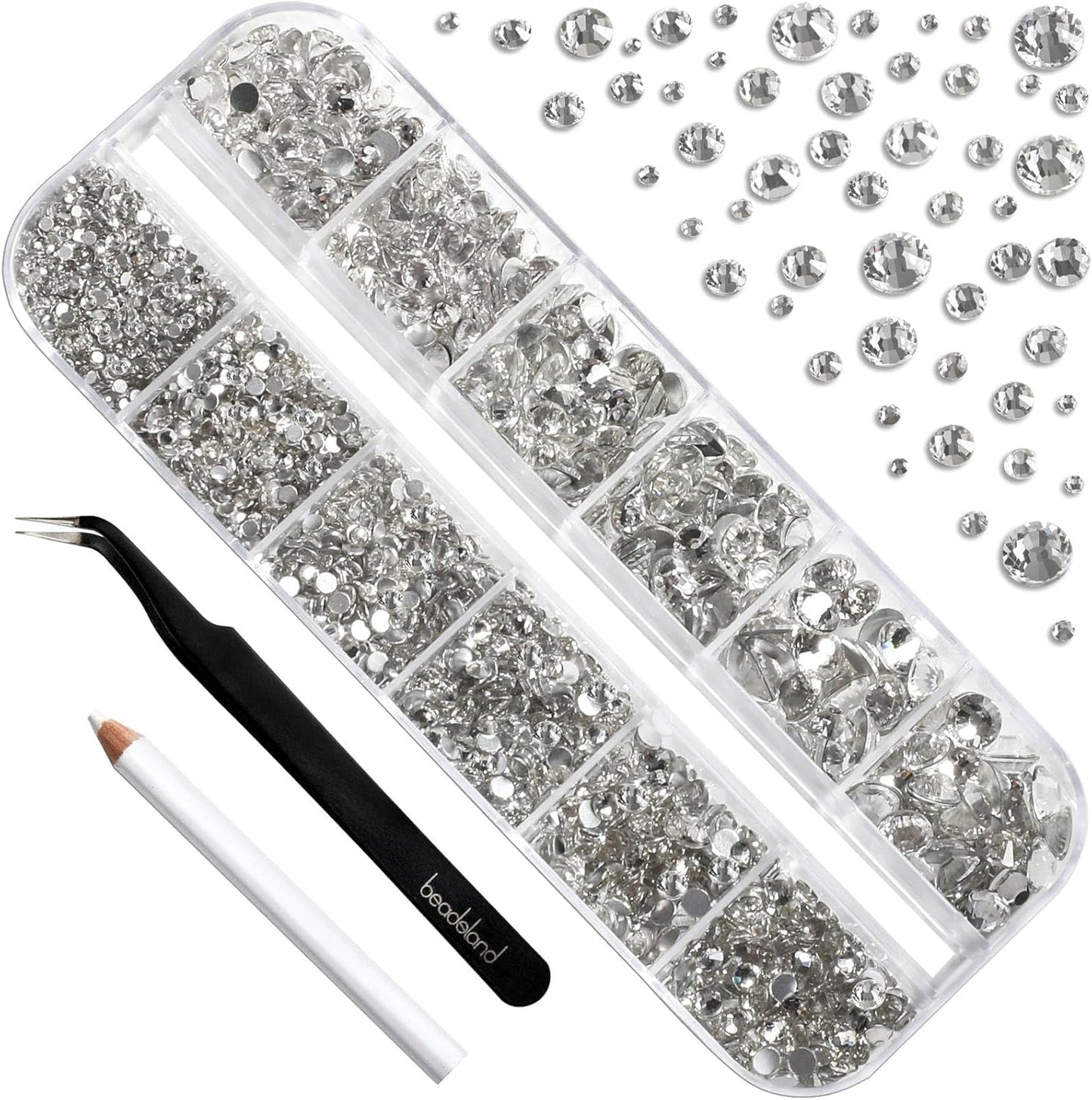 Beadsland 2500 Stück Glas Nailart Strasssteine ​​​​Kristall Flatback Edelsteine ​​​​Runde, ​​Für Handwerk Gemischt 8 Größen SS4 ~ SS30 Mit Picking Pinzette Und Stift (Kristall Weiß)