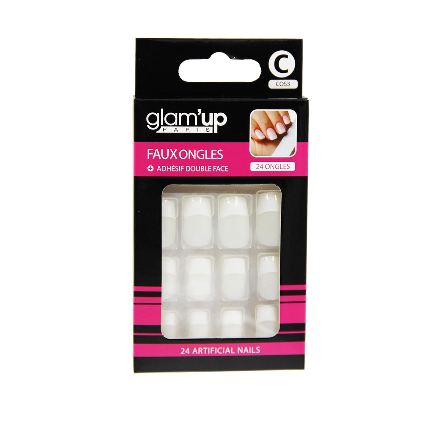 Glam'Up Paris – Künstliche Nägel – Vollständige Abdeckung – Einfache Anwendung – 24 künstliche Nägel pro Box + Doppelklebeband – XL-Quadratform – Nr. 3 – Französische Maniküre, Weiß