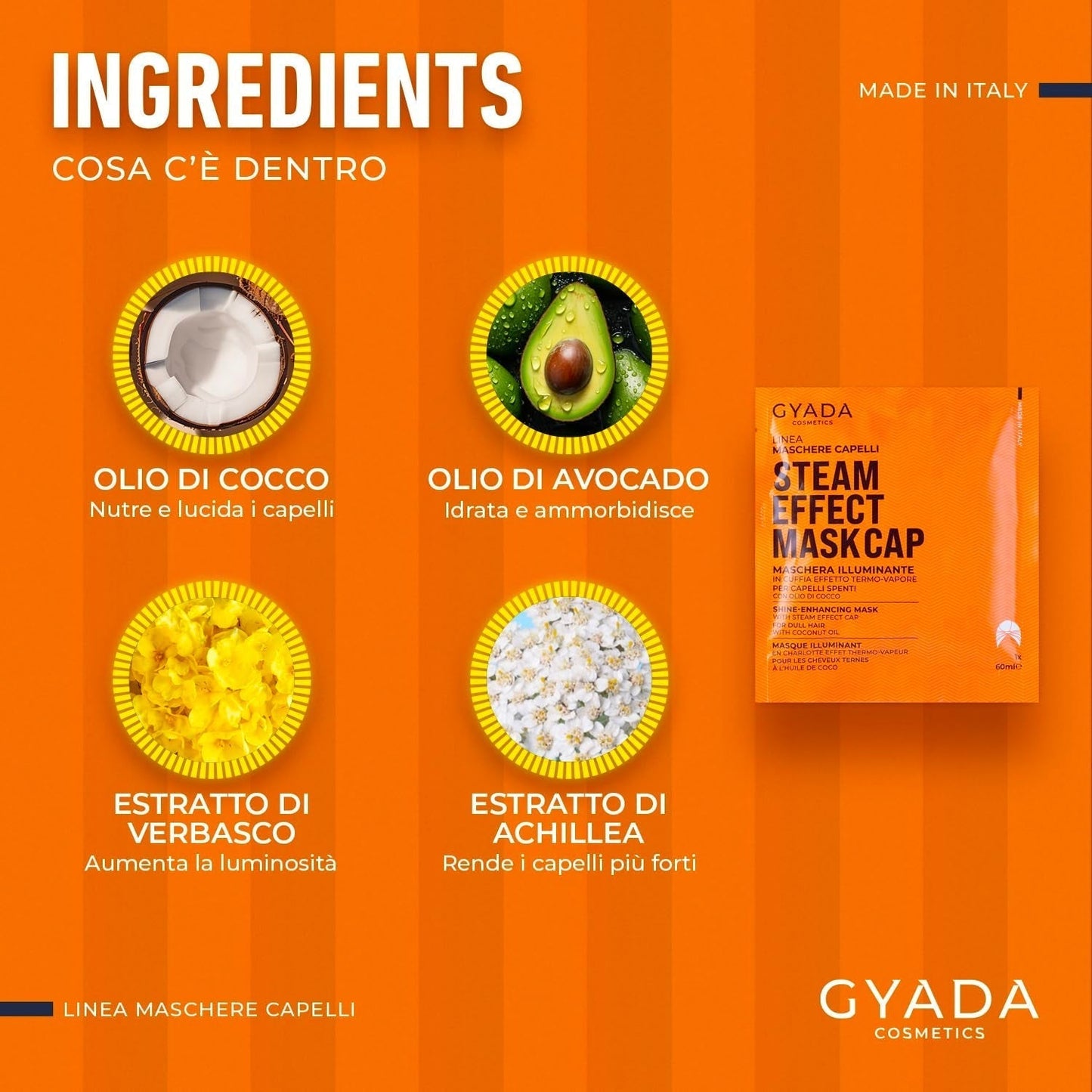 GYADA COSMETICS, Haarmaske aus leichtem und revitalisierendem Material, verleiht Glanz und Geschmeidigkeit, nährende und reparierende Wirkung, mit Thermokappe, auf Basis von Kokosöl und Avocado, 60 ml Naty Shop Haarmaske