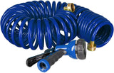 Relaxdays Spiralschlauch, ausziehbar bis 10 m, flexibler Gartenschlauch mit Wasserbrause, 7 Sprühmuster, blau, 25 x 52 x 15 cm
