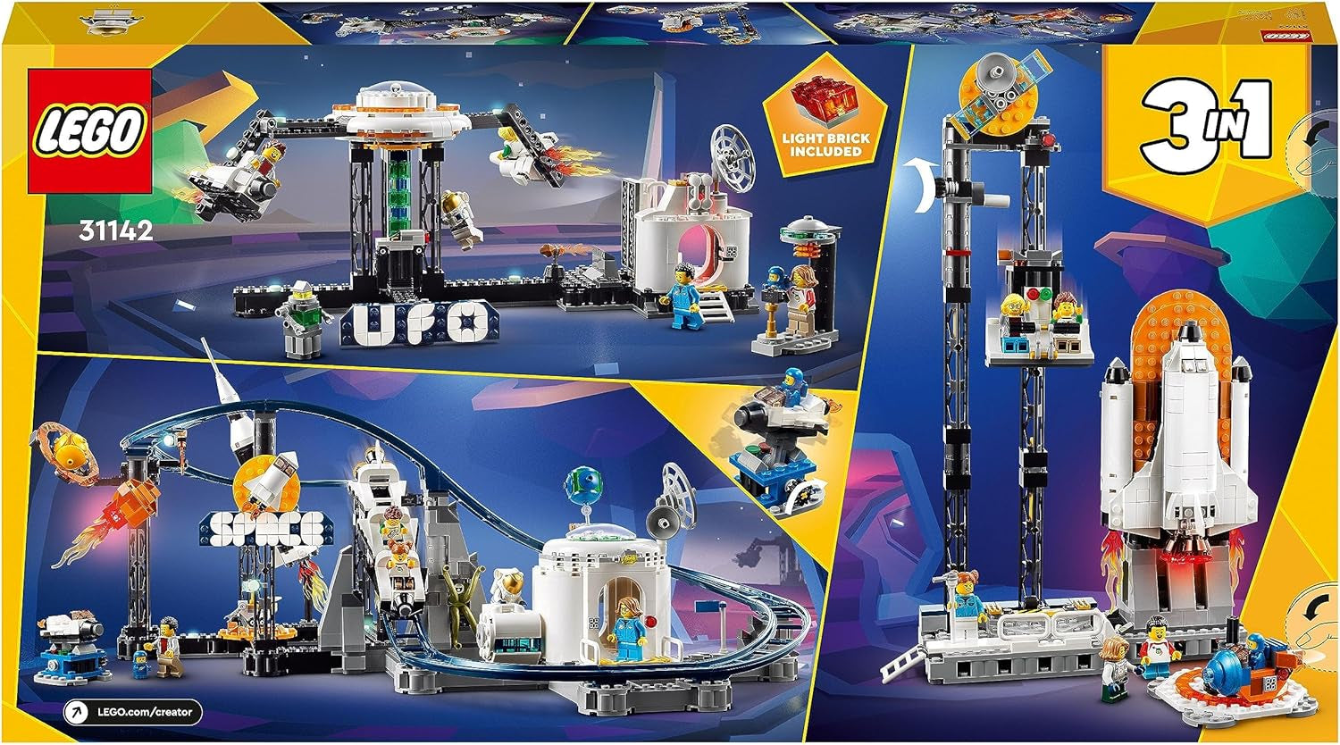 LEGO 31142 Creator 3-in-1-Weltraum-Achterbahn-Spielzeugset für Kinder mit funktionierenden Wagen, lässt sich in einen Freifallturm oder ein Karussell mit Raketen und leuchtenden Steinen umbauen. Besuchen Sie den LEGO-Store