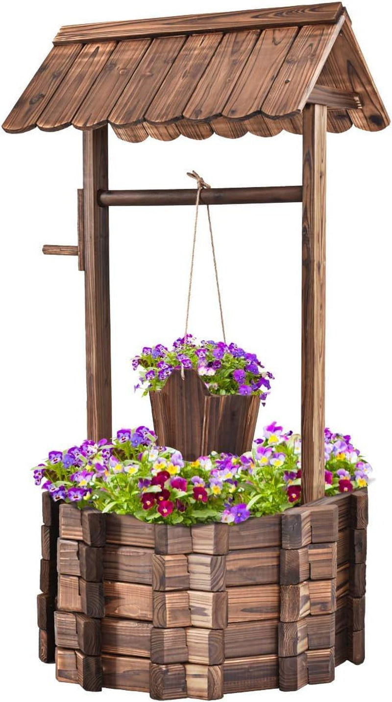 Holzbrunnen 56x56x114cm mit Dach, Wunschbrunnen, Gartendekoration, Blumentöpfe, Dekobrunnen, Blumentöpfe, Braun