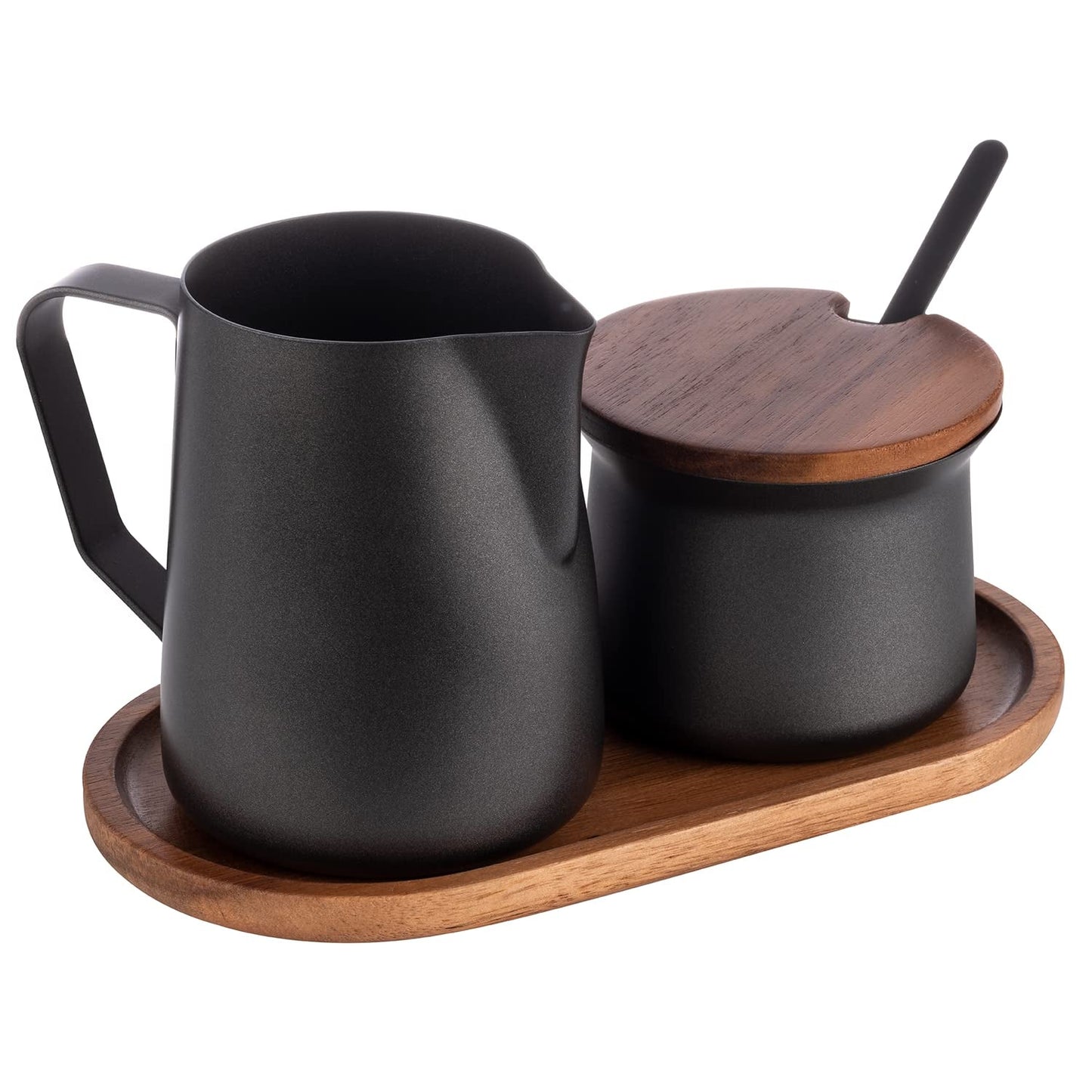 Milch- und Zuckerset APS 634, 5-teiliges Set, Akazienholz, Edelstahl, Antihaftbeschichtung, schwarz