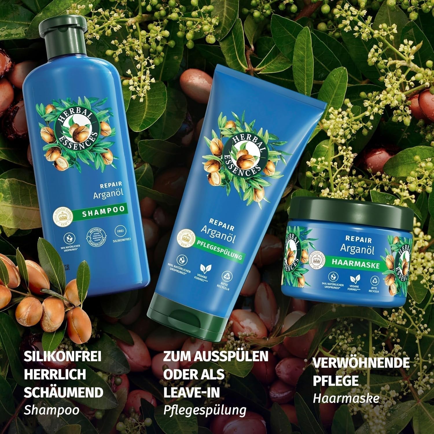 Herbal Essences Haarreparaturmaske mit Arganöl 300 ml. Von geschädigtem Haar bis hin zu glatterem und glänzenderem Haar. Intensivpflege. Mit Inhaltsstoffen natürlichen Ursprungs. Vegane Haarmaske von Naty Shop