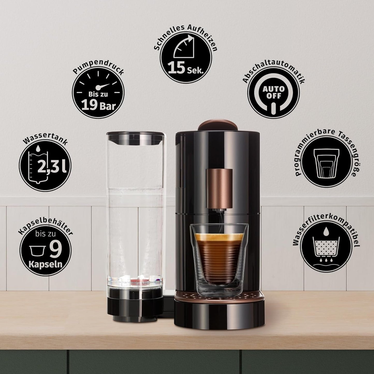 K-FEE TWINS II Kapsel-Espressomaschine für Kaffee, Tee und Kakao | Espressomaschine für große Tassen | Schnelles Aufheizen | 2,3 l Wassertank | 19 Takte | Schwarz-Kupfer