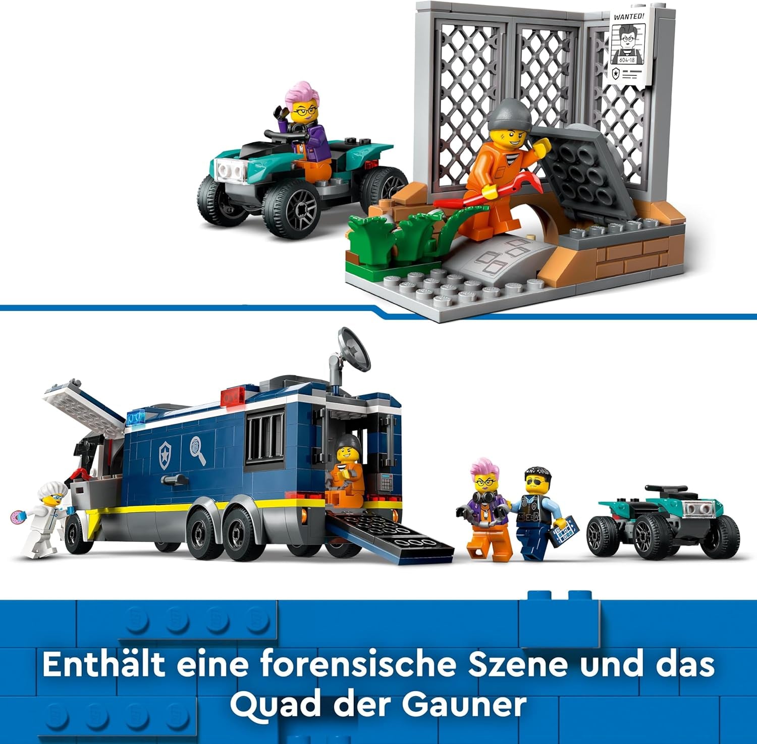LEGO City Polizei-Truck mit Labor, Quad-Polizei-Set und Spielzeug-Truck für Kinder, Geschenk für Jungen und Mädchen ab 7 Jahren, plus 5 Minifiguren – 2 Polizisten, 1 Wissenschaftler und 2 Gauner 60418 Bausets Beuche den LEGO-Store