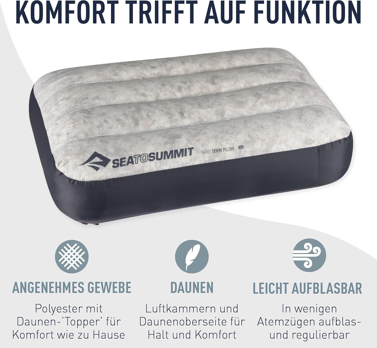 Sea to Summit – Eros Daunen-Reisekissen L – Ultraleicht und aufblasbar – 10D-Material – Premium-Daunenkissen – rutschfest – zum Wandern und Camping – 42 x 28 x 12 cm – Grau – 95 g Naty Shop Reisekissen