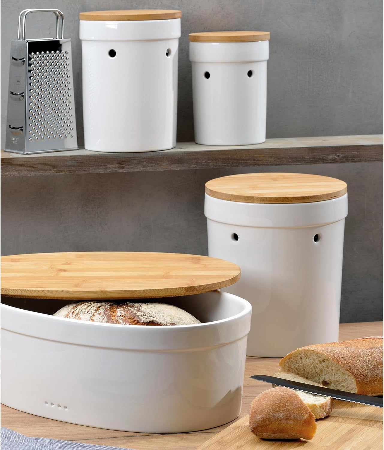 Kela Brotkasten mit Belüftungslöchern, Keramik-Brotkasten, SALENA, Brotschale, weiß, 36,5 x 23,5 x 14 cm, Aufbewahrungsboxen für Lebensmittel, Naty Shop