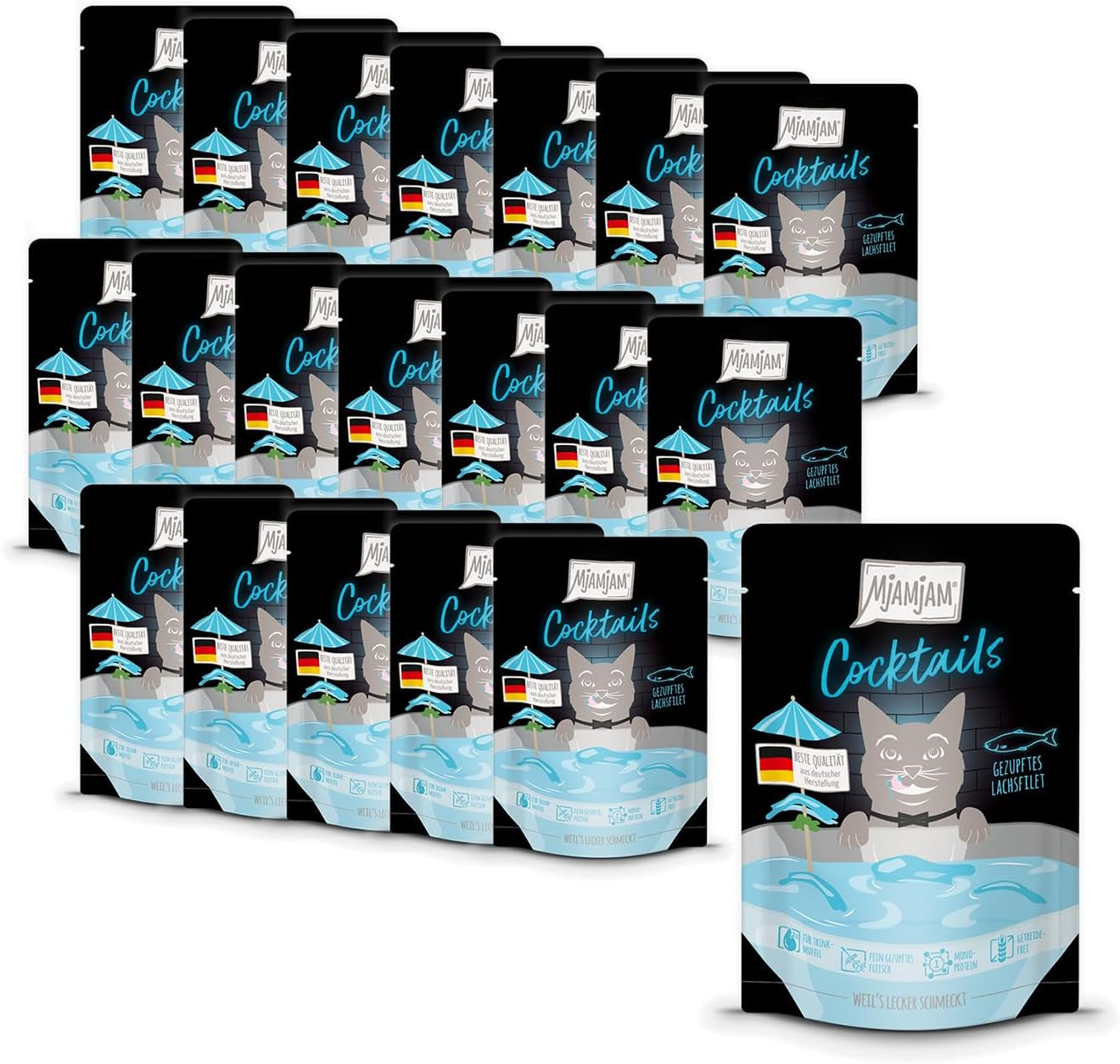 MjAMjAM – Leckeres Katzengetränk – Cocktails – Pulled Salmon Filets, 20er-Pack (20x40), getreidefrei